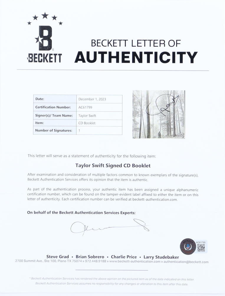 Taylor Swift Signed "Folklore" Custom Framed CD Display (Beckett) at PristineAuction.com Taylor Swift Signed "Folklore" Custom Framed CD Display (Beckett) at PristineAuction.com