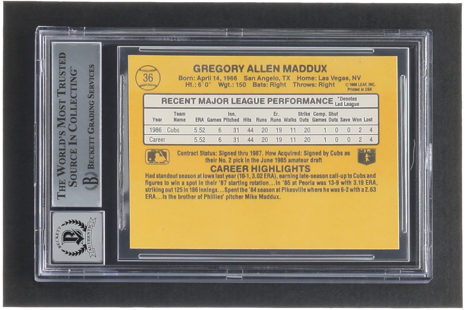 Greg Maddux Signed 1987 Donruss #36 RC (BGS | Autograph Grade 10) at PristineAuction.com Greg Maddux Signed 1987 Donruss #36 RC (BGS | Autograph Grade 10) at PristineAuction.com