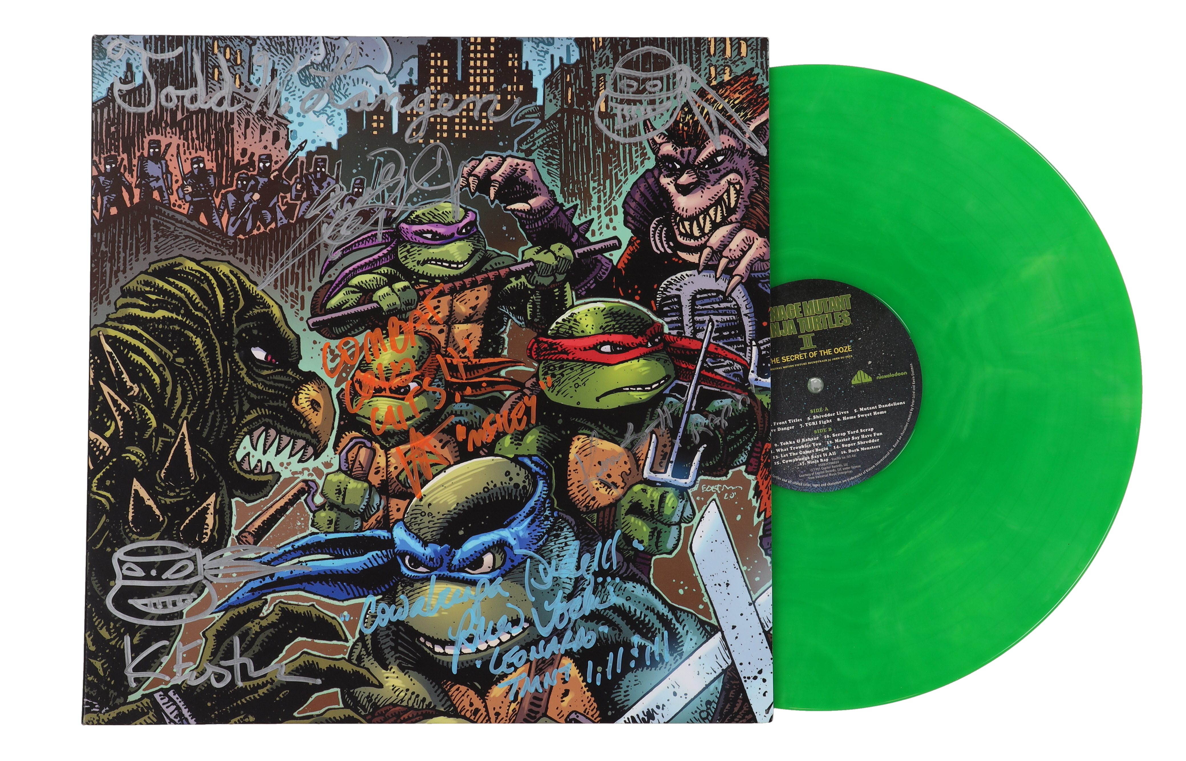 "Teenage Mutant Ninja Turtles II: The Secret of the Ooze" Original Motion Picture Soundtrack Vinyl Record Album Signed by (6) with Kevin Eastman, Todd W. Langen, Ernie Reyes Jr., Robb Rist, Brian Tochi with Character Name Inscriptions (Beckett) at PristineAuction.com "Teenage Mutant Ninja Turtles II: The Secret of the Ooze" Original Motion Picture Soundtrack Vinyl Record Album Signed by (6) with Kevin Eastman, Todd W. Langen, Ernie Reyes Jr., Robb Rist, Brian Tochi with Character Name Inscriptions (Beckett) at PristineAuction.com