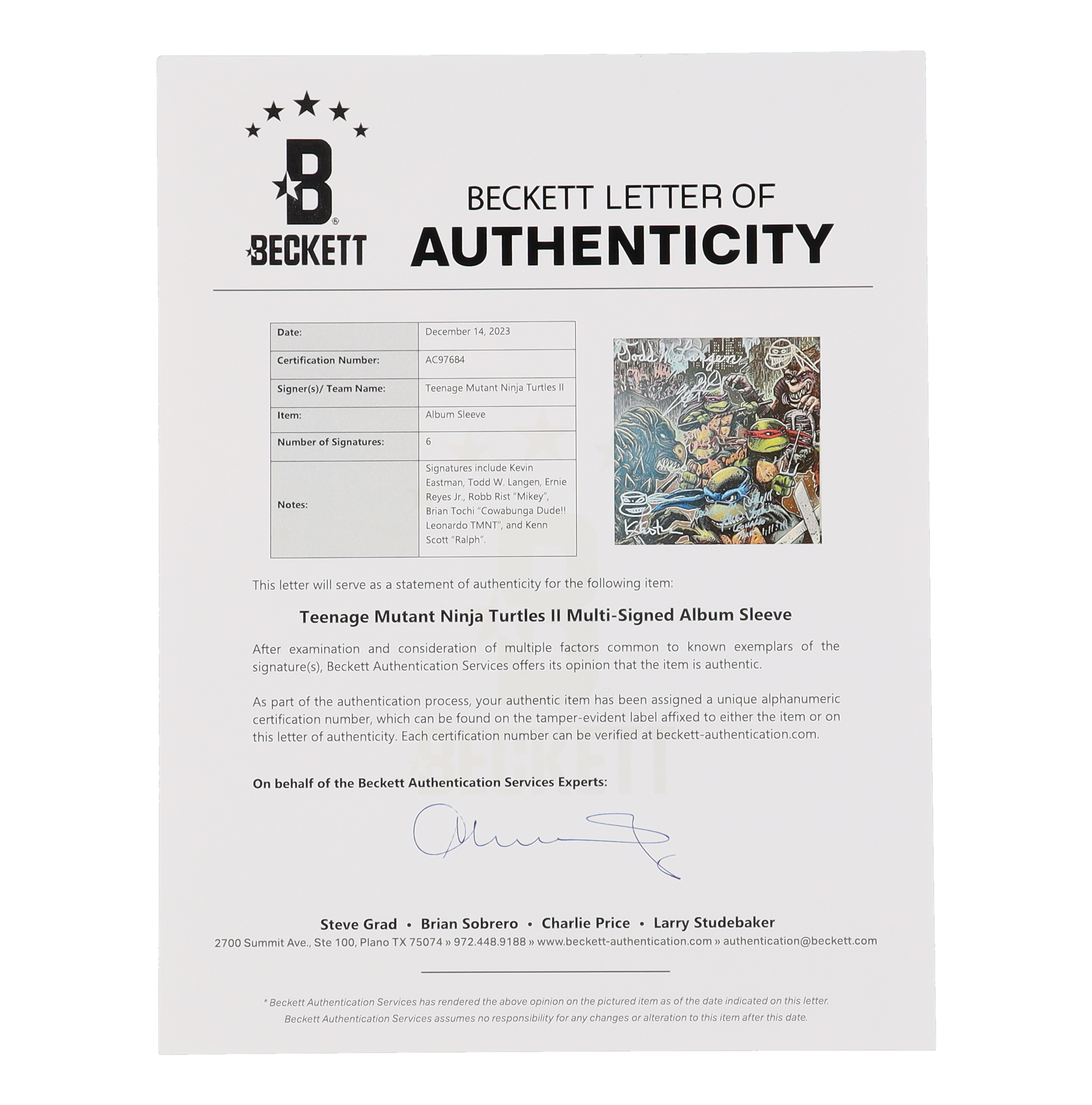 "Teenage Mutant Ninja Turtles II: The Secret of the Ooze" Original Motion Picture Soundtrack Vinyl Record Album Signed by (6) with Kevin Eastman, Todd W. Langen, Ernie Reyes Jr., Robb Rist, Brian Tochi with Character Name Inscriptions (Beckett) at PristineAuction.com "Teenage Mutant Ninja Turtles II: The Secret of the Ooze" Original Motion Picture Soundtrack Vinyl Record Album Signed by (6) with Kevin Eastman, Todd W. Langen, Ernie Reyes Jr., Robb Rist, Brian Tochi with Character Name Inscriptions (Beckett) at PristineAuction.com