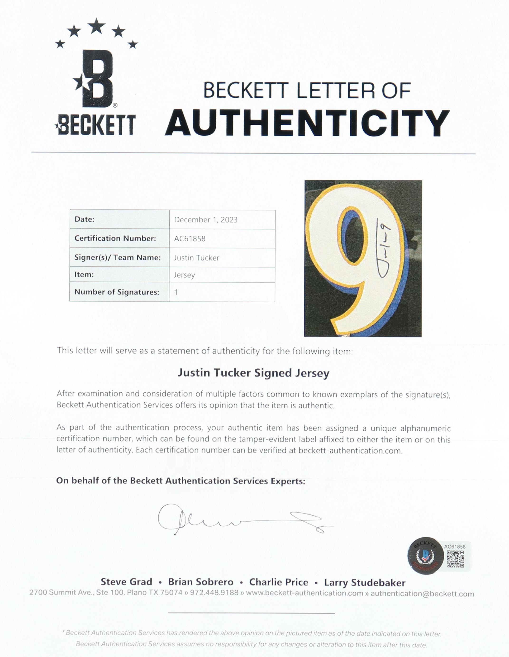 Justin Tucker Signed Custom Framed Jersey Display (Beckett) at PristineAuction.com Justin Tucker Signed Custom Framed Jersey Display (Beckett) at PristineAuction.com