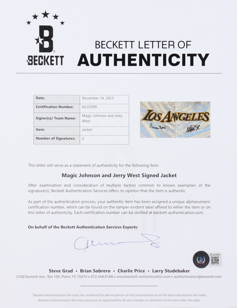 Magic Johnson & Jerry West Signed Lakers Jacket (Beckett) at PristineAuction.com Magic Johnson & Jerry West Signed Lakers Jacket (Beckett) at PristineAuction.com
