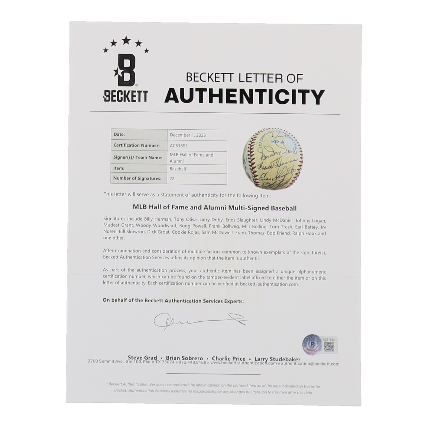 MLB Hall of Fame OAL Baseball Signed by (22) with Billy Herman, Tony Oliva, Larry Doby, Enos Slaughter (Beckett) at PristineAuction.com MLB Hall of Fame OAL Baseball Signed by (22) with Billy Herman, Tony Oliva, Larry Doby, Enos Slaughter (Beckett) at PristineAuction.com