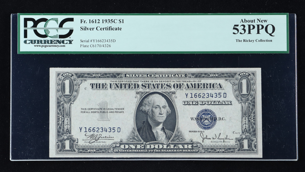 1935-C U.S. $1 Silver Certificate - The Rickey Collection (PCGS ABOUT NEW 53 PPQ) at PristineAuction.com 1935-C U.S. $1 Silver Certificate - The Rickey Collection (PCGS ABOUT NEW 53 PPQ) at PristineAuction.com