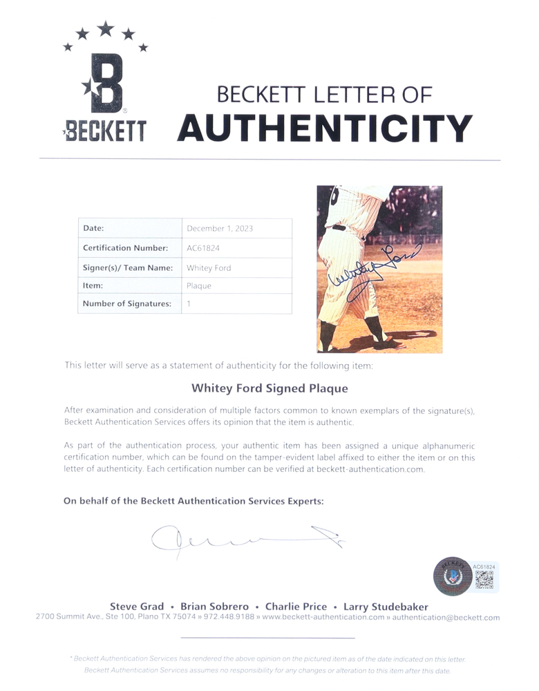 Whitey Ford Signed Yankees Custom Photo Plaque Display (Beckett) at PristineAuction.com Whitey Ford Signed Yankees Custom Photo Plaque Display (Beckett) at PristineAuction.com