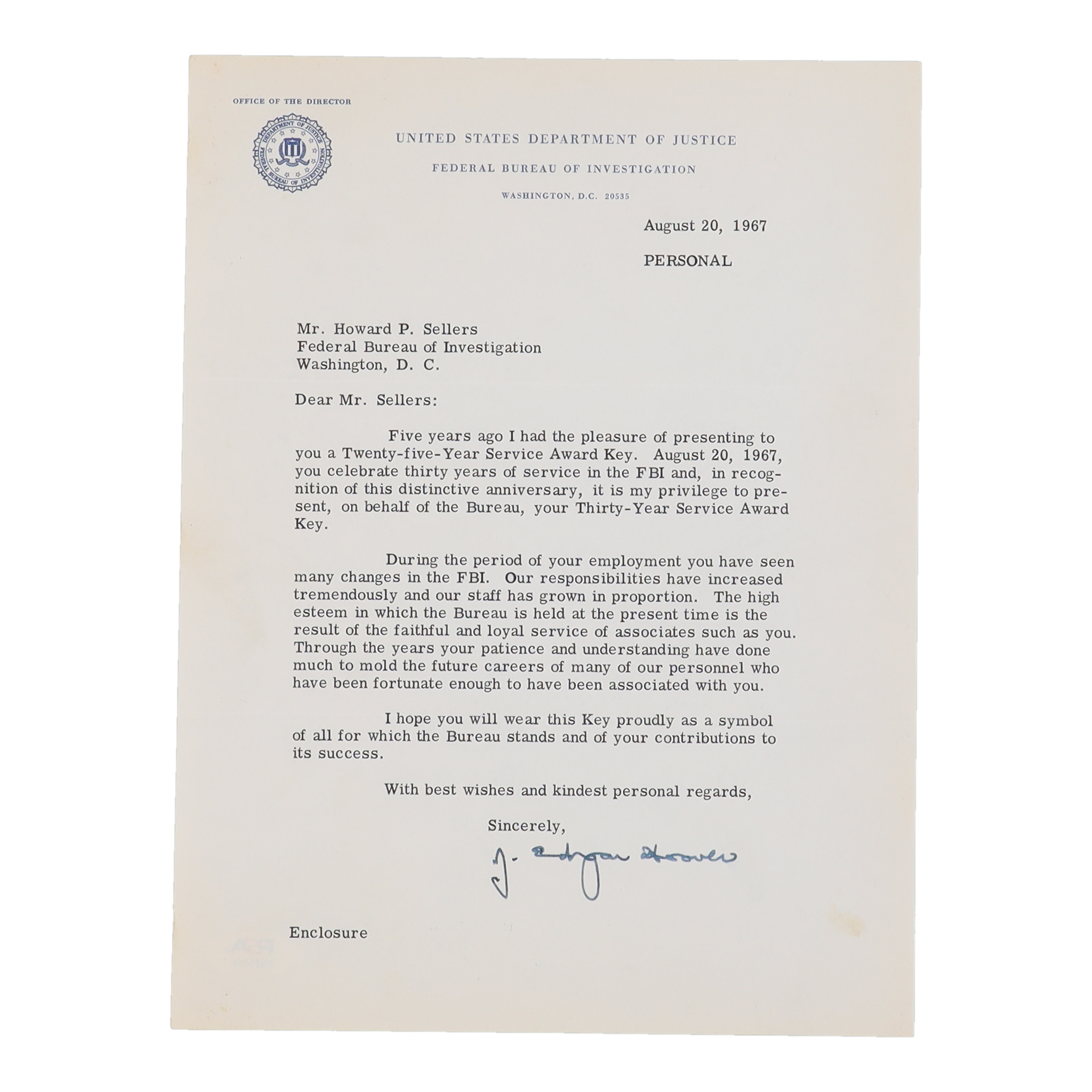 J. Edgar Hoover Signed Original FBI Vintage Letter (PSA) at PristineAuction.com J. Edgar Hoover Signed Original FBI Vintage Letter (PSA) at PristineAuction.com