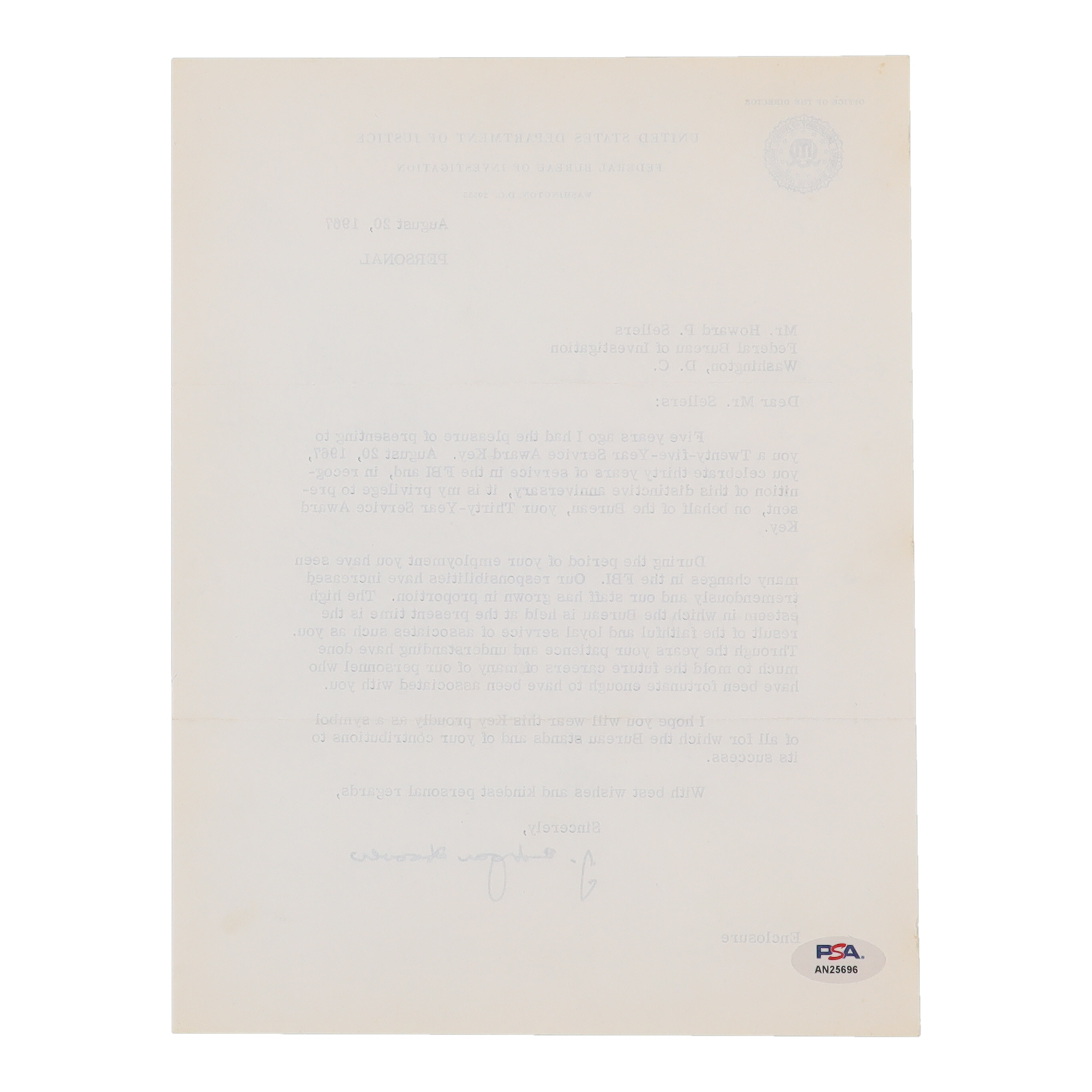 J. Edgar Hoover Signed Original FBI Vintage Letter (PSA) at PristineAuction.com J. Edgar Hoover Signed Original FBI Vintage Letter (PSA) at PristineAuction.com