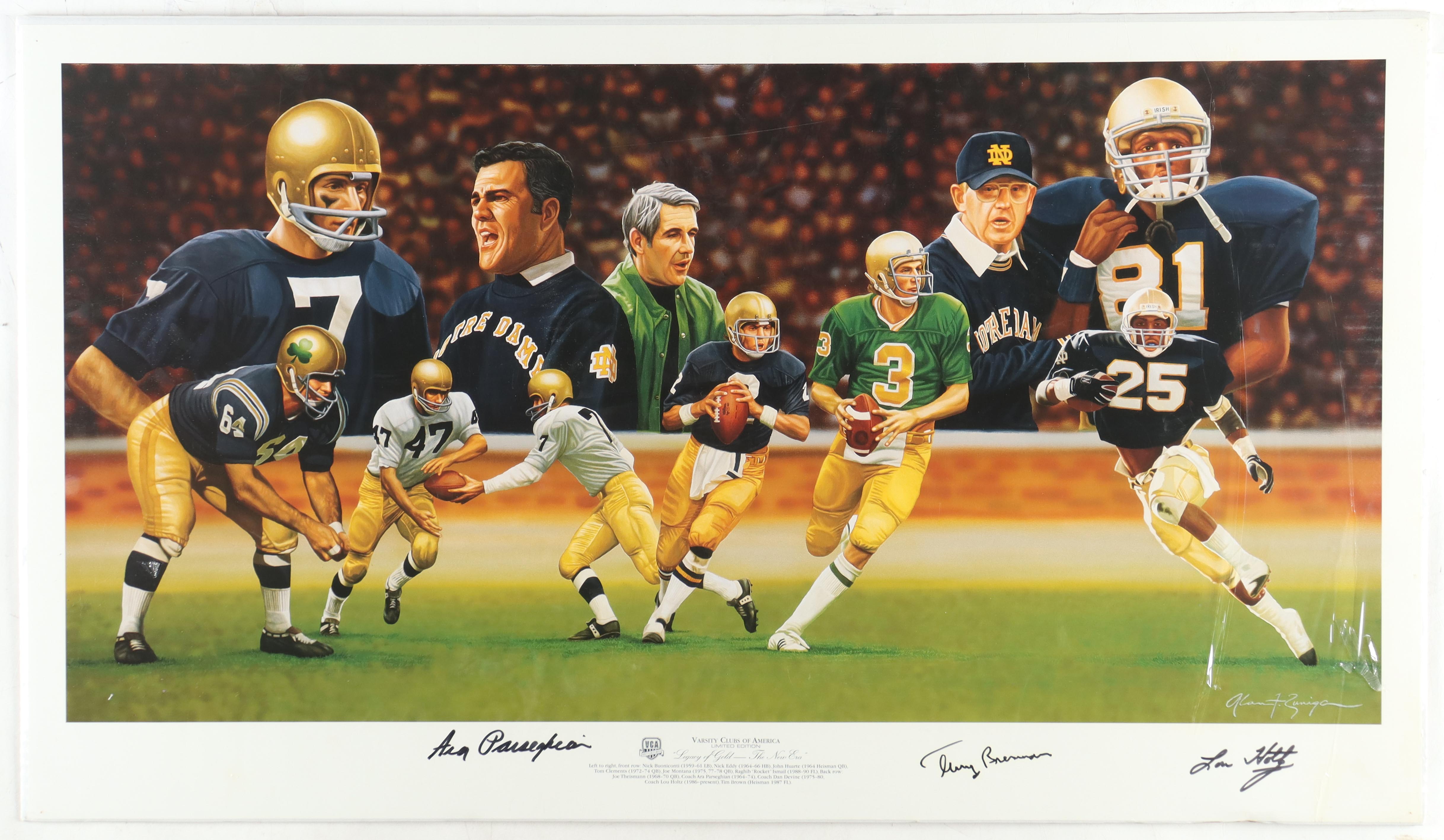 Ara Parseghian, Terry Brennan & Lou Holtz Signed LE "Legacy of Gold - The New Era" Notre Dame Fighting Irish 21x36 Lithograph (Beckett) at PristineAuction.com Ara Parseghian, Terry Brennan & Lou Holtz Signed LE "Legacy of Gold - The New Era" Notre Dame Fighting Irish 21x36 Lithograph (Beckett) at PristineAuction.com