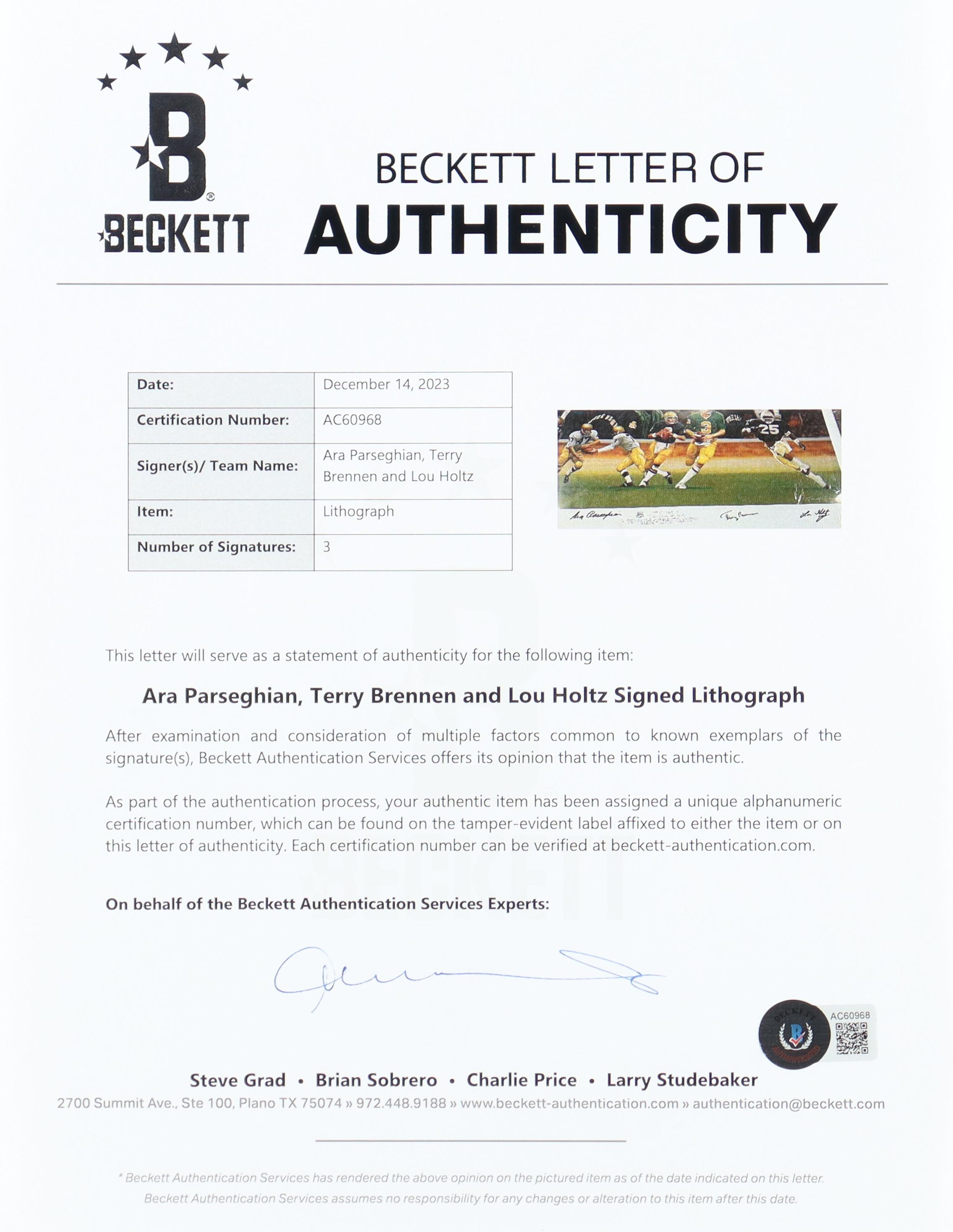 Ara Parseghian, Terry Brennan & Lou Holtz Signed LE "Legacy of Gold - The New Era" Notre Dame Fighting Irish 21x36 Lithograph (Beckett) at PristineAuction.com Ara Parseghian, Terry Brennan & Lou Holtz Signed LE "Legacy of Gold - The New Era" Notre Dame Fighting Irish 21x36 Lithograph (Beckett) at PristineAuction.com