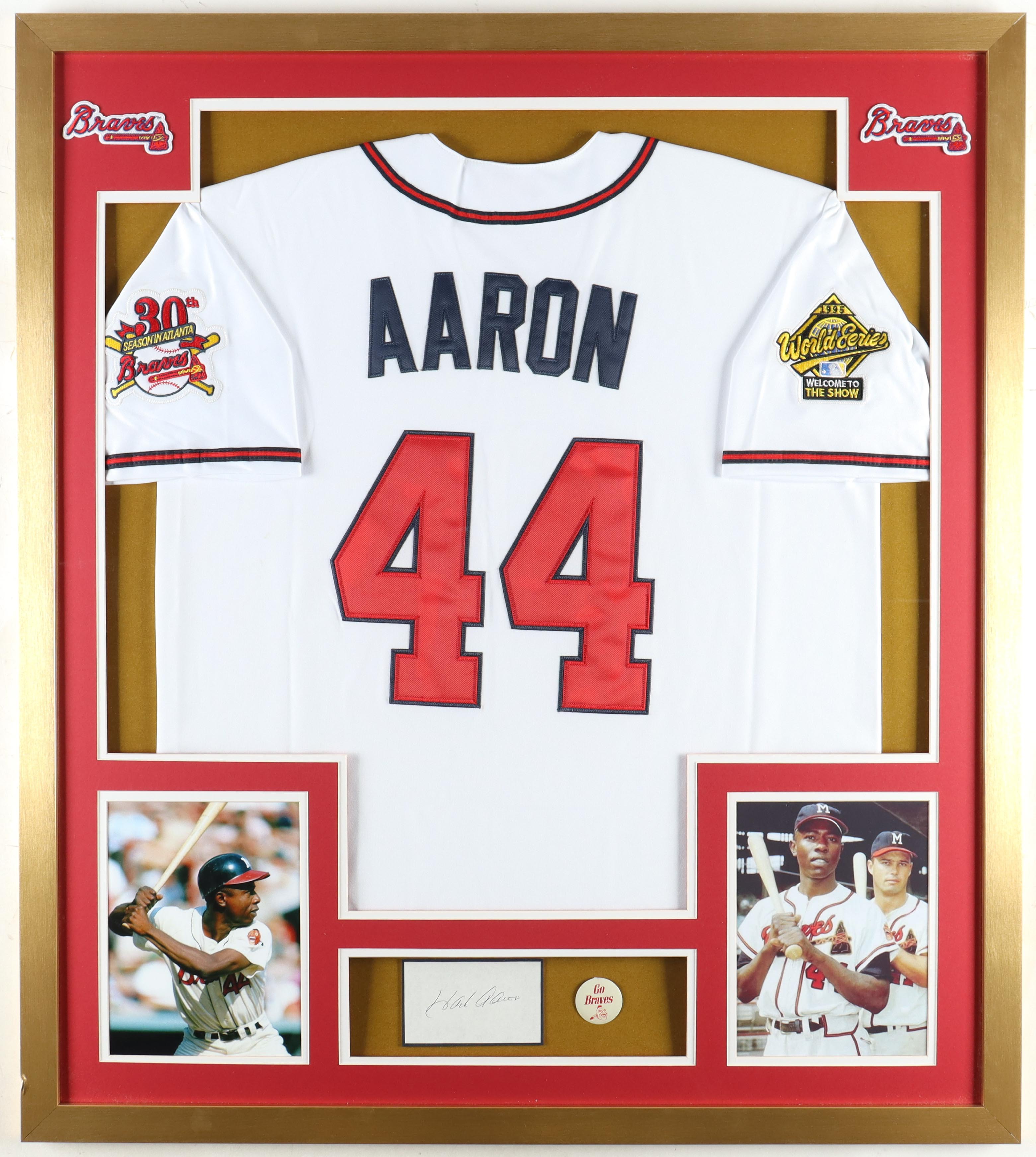 Hank Aaron Signed Custom Framed Cut Display with White Jersey & Vintage 1960 Retired Braves Logo Pin (Beckett) at PristineAuction.com Hank Aaron Signed Custom Framed Cut Display with White Jersey & Vintage 1960 Retired Braves Logo Pin (Beckett) at PristineAuction.com