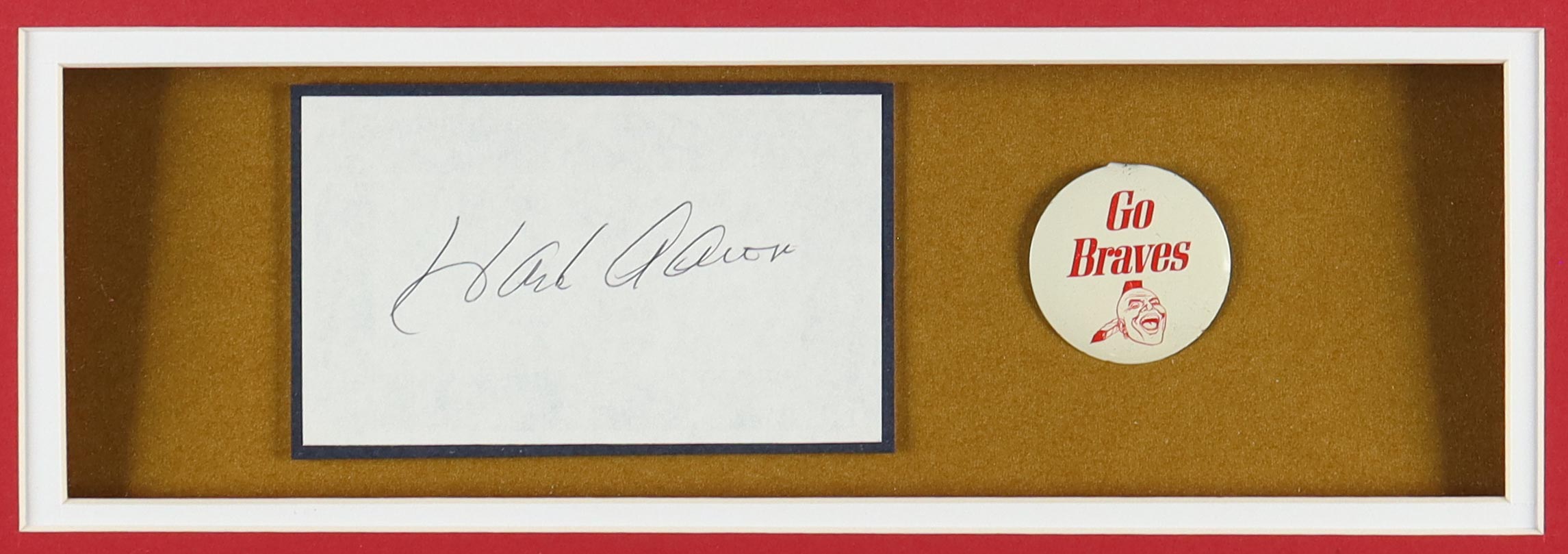 Hank Aaron Signed Custom Framed Cut Display with White Jersey & Vintage 1960 Retired Braves Logo Pin (Beckett) at PristineAuction.com Hank Aaron Signed Custom Framed Cut Display with White Jersey & Vintage 1960 Retired Braves Logo Pin (Beckett) at PristineAuction.com