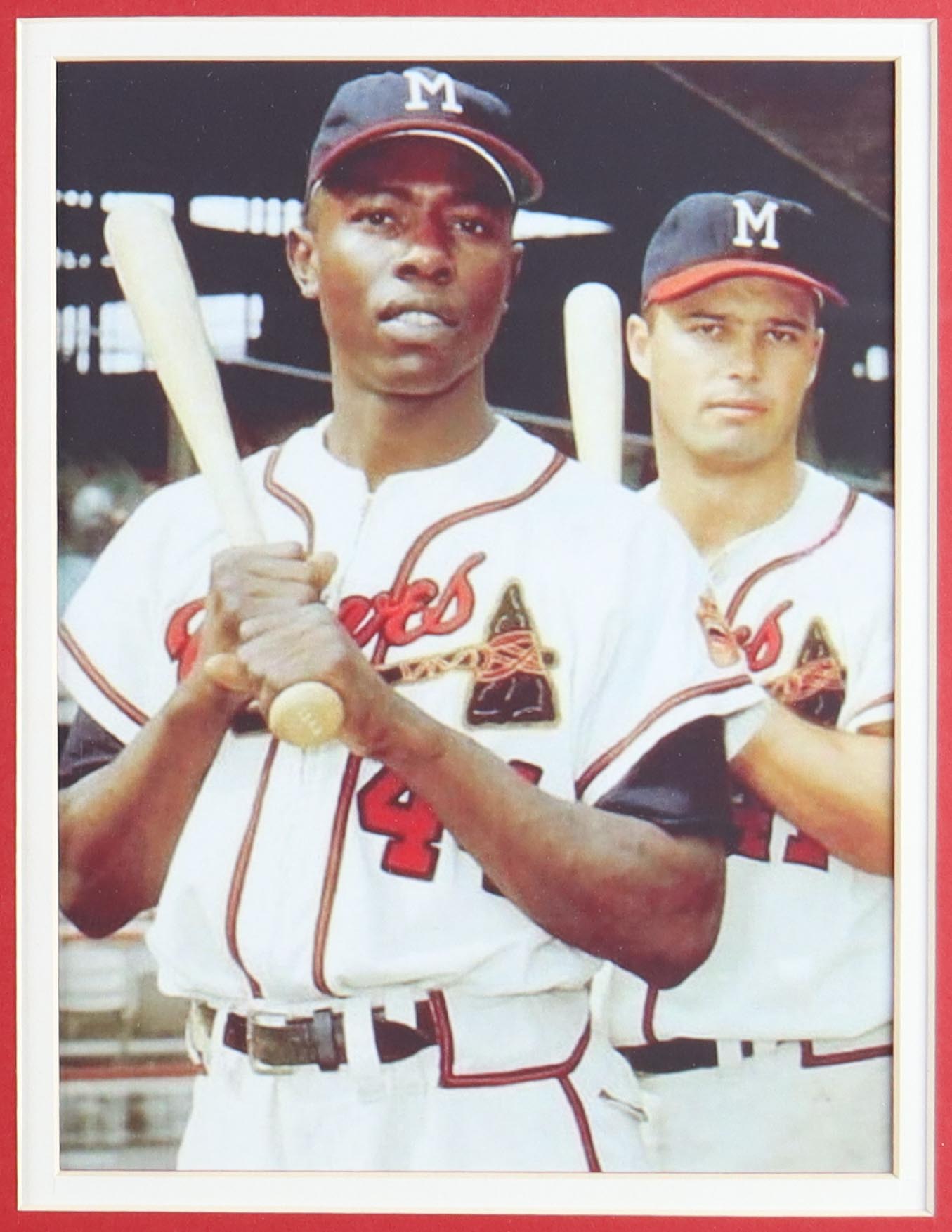 Hank Aaron Signed Custom Framed Cut Display with White Jersey & Vintage 1960 Retired Braves Logo Pin (Beckett) at PristineAuction.com Hank Aaron Signed Custom Framed Cut Display with White Jersey & Vintage 1960 Retired Braves Logo Pin (Beckett) at PristineAuction.com