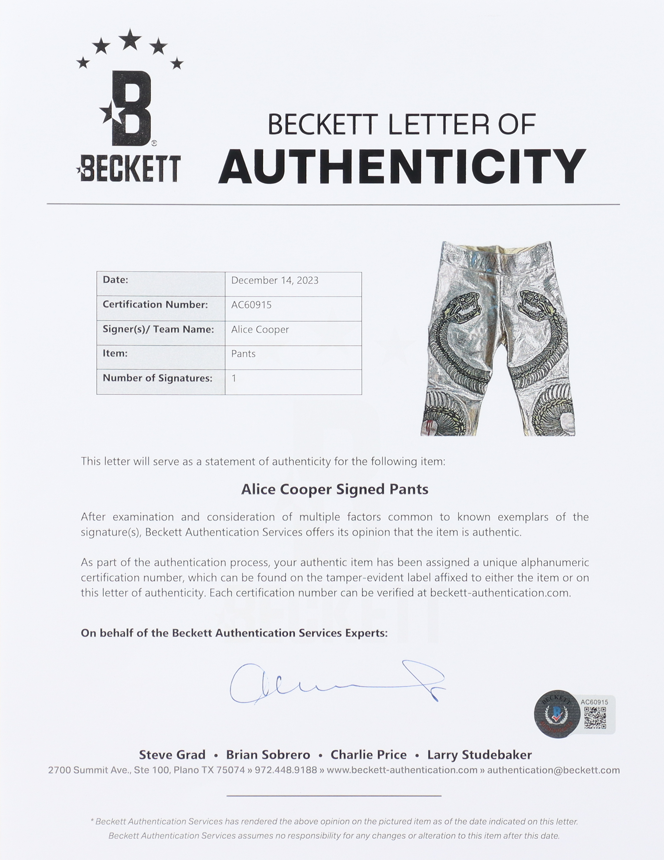 Alice Cooper Signed Stage | Concert Worn Custom Snake Pants (Beckett LOA) at PristineAuction.com Alice Cooper Signed Stage | Concert Worn Custom Snake Pants (Beckett LOA) at PristineAuction.com