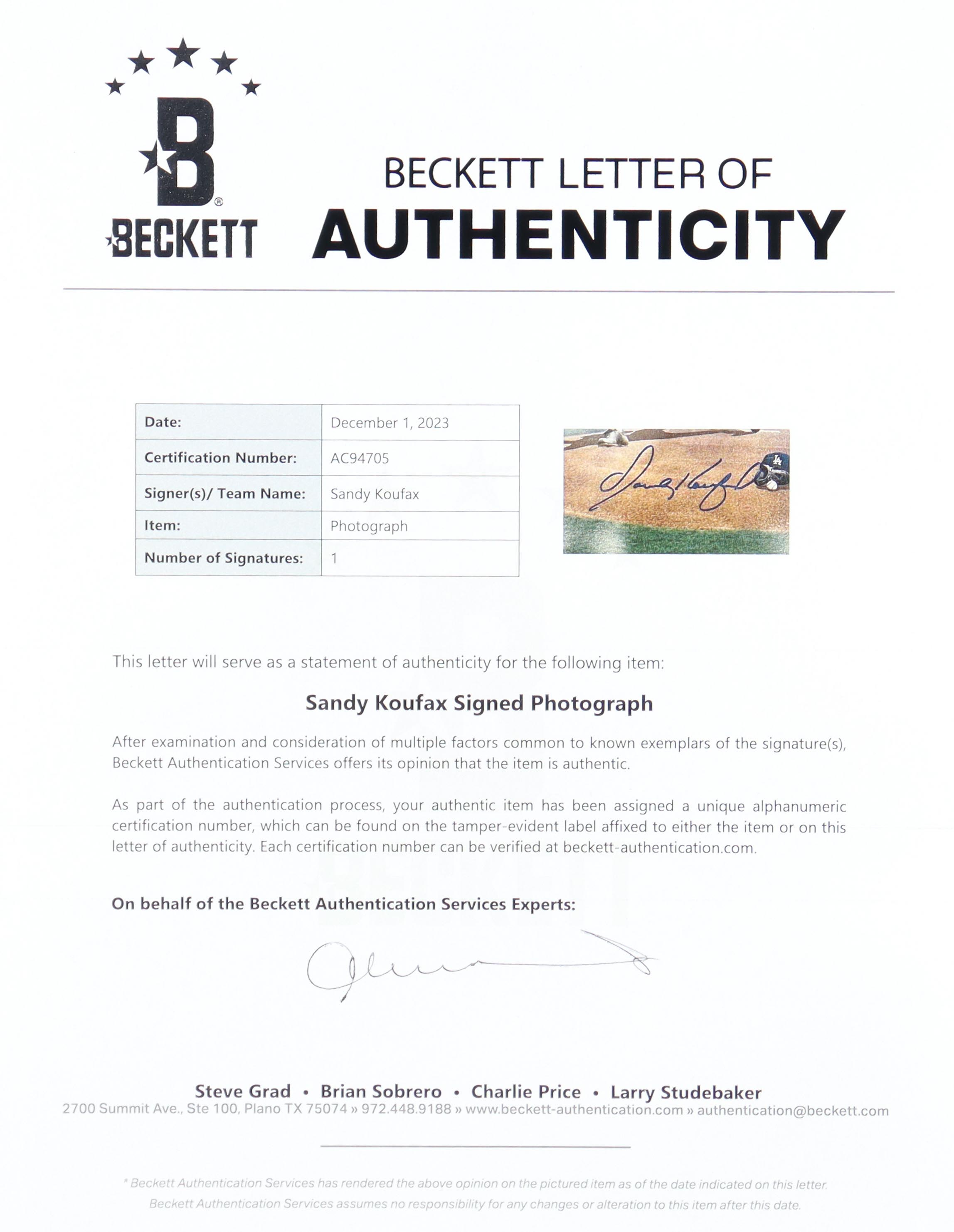 Sandy Koufax Signed Dodgers 12x36 Poster (Beckett) at PristineAuction.com Sandy Koufax Signed Dodgers 12x36 Poster (Beckett) at PristineAuction.com