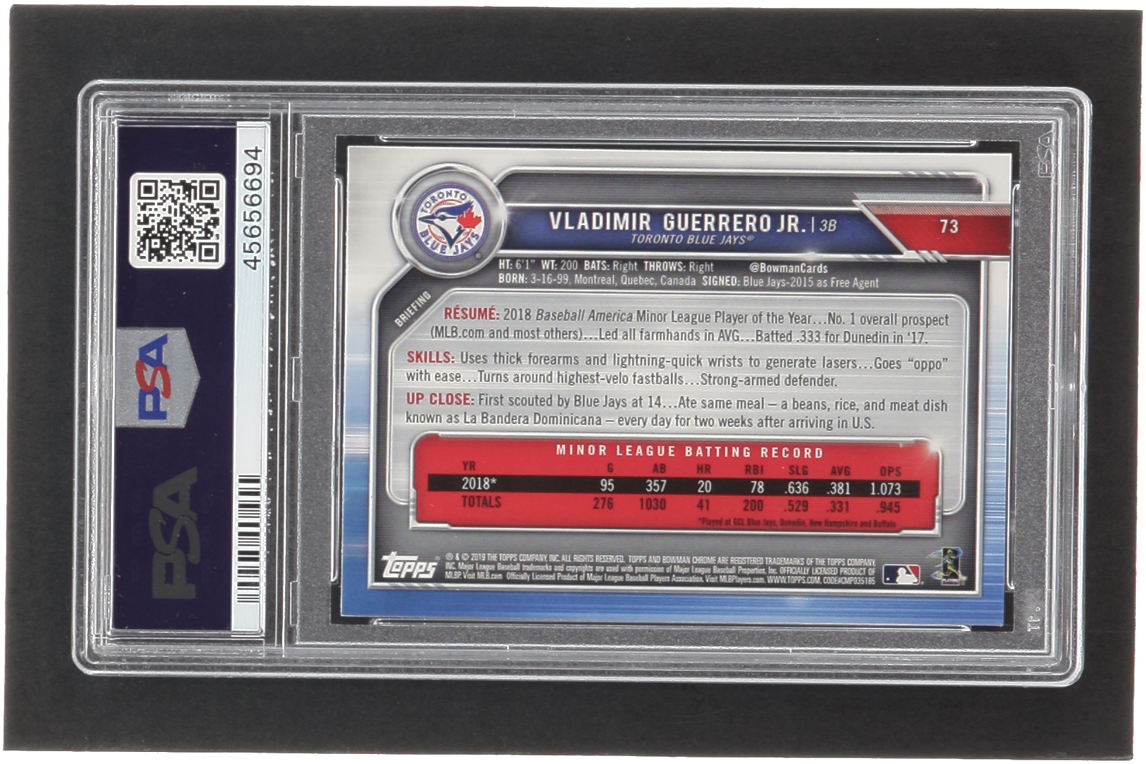 Vladimir Guerrero Jr. 2019 Bowman Chrome #73 RC (PSA 10) at PristineAuction.com Vladimir Guerrero Jr. 2019 Bowman Chrome #73 RC (PSA 10) at PristineAuction.com