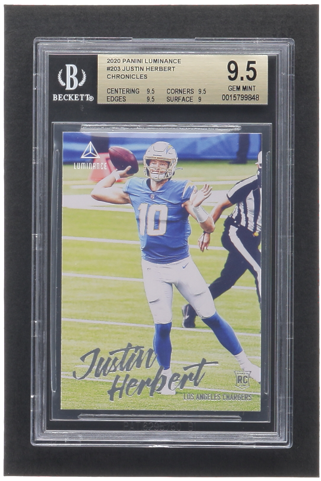 Justin Herbert 2020 Panini Luminance #203 RC / CHRONICLES (BGS 9.5) at PristineAuction.com Justin Herbert 2020 Panini Luminance #203 RC / CHRONICLES (BGS 9.5) at PristineAuction.com