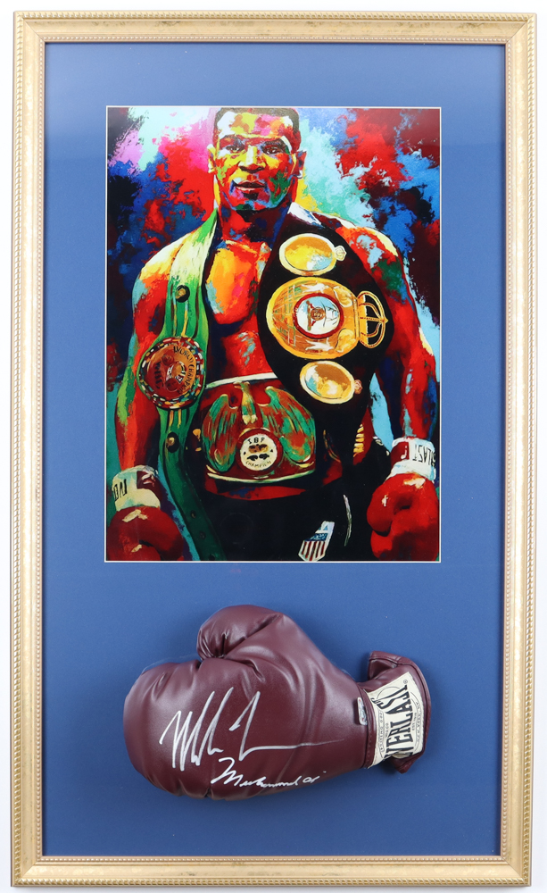 Mike Tyson Signed Custom Framed Muhammad Ali Model Burgundy Boxing GLove with Art Print (Tyson) at PristineAuction.com Mike Tyson Signed Custom Framed Muhammad Ali Model Burgundy Boxing GLove with Art Print (Tyson) at PristineAuction.com