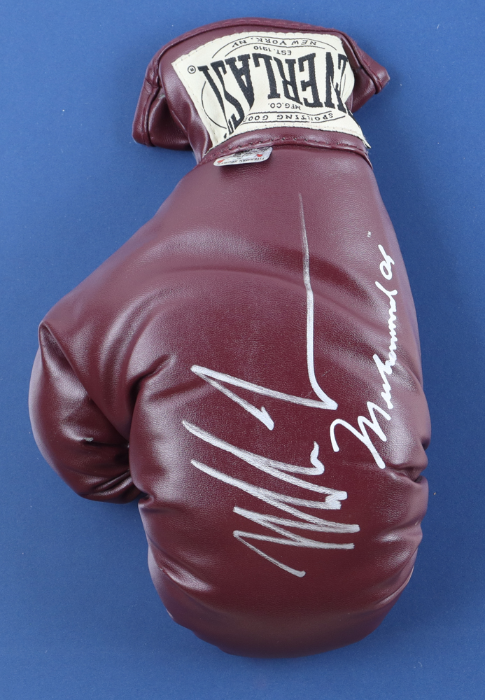 Mike Tyson Signed Custom Framed Muhammad Ali Model Burgundy Boxing GLove with Art Print (Tyson) at PristineAuction.com Mike Tyson Signed Custom Framed Muhammad Ali Model Burgundy Boxing GLove with Art Print (Tyson) at PristineAuction.com