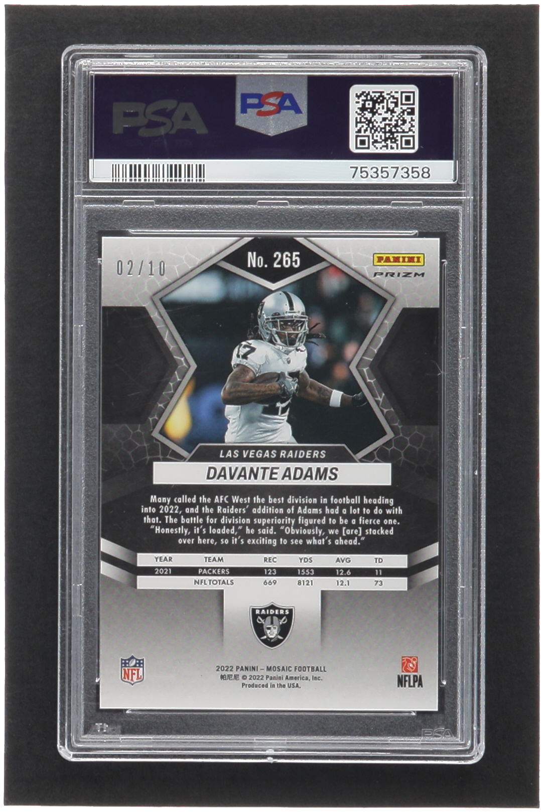 Davante Adams 2022 Panini Mosaic Mosaic No Huddle Gold #265 NP #02/10 (PSA 10) at PristineAuction.com Davante Adams 2022 Panini Mosaic Mosaic No Huddle Gold #265 NP #02/10 (PSA 10) at PristineAuction.com