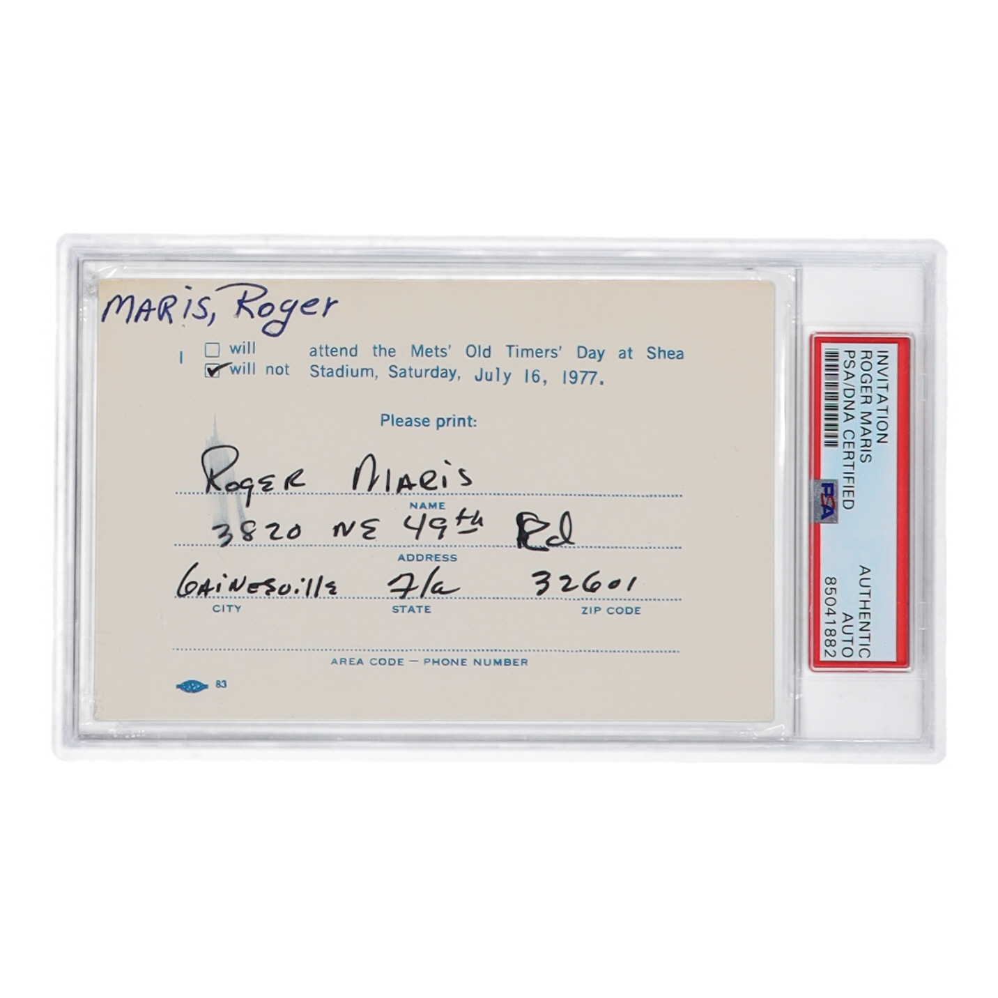 Roger Maris Signed Invitation from 1977 to Attend Old Timers Day at Shea Stadium (PSA) at PristineAuction.com Roger Maris Signed Invitation from 1977 to Attend Old Timers Day at Shea Stadium (PSA) at PristineAuction.com