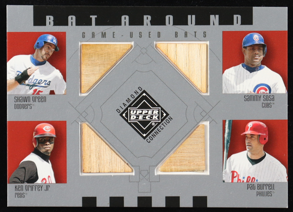 Shawn Green / Sammy Sosa / Ken Griffey Jr. / Pat Burrell 2002 Upper Deck Diamond Connection Bat Around Quads #GSGB at PristineAuction.com Shawn Green / Sammy Sosa / Ken Griffey Jr. / Pat Burrell 2002 Upper Deck Diamond Connection Bat Around Quads #GSGB at PristineAuction.com