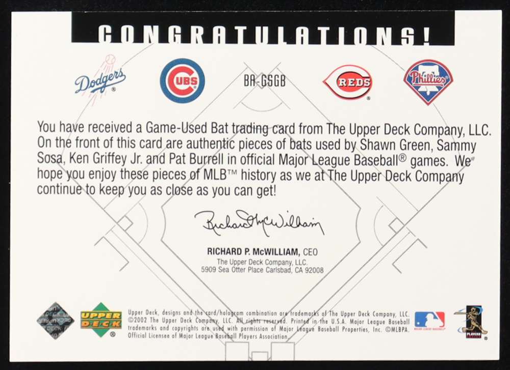 Shawn Green / Sammy Sosa / Ken Griffey Jr. / Pat Burrell 2002 Upper Deck Diamond Connection Bat Around Quads #GSGB at PristineAuction.com Shawn Green / Sammy Sosa / Ken Griffey Jr. / Pat Burrell 2002 Upper Deck Diamond Connection Bat Around Quads #GSGB at PristineAuction.com