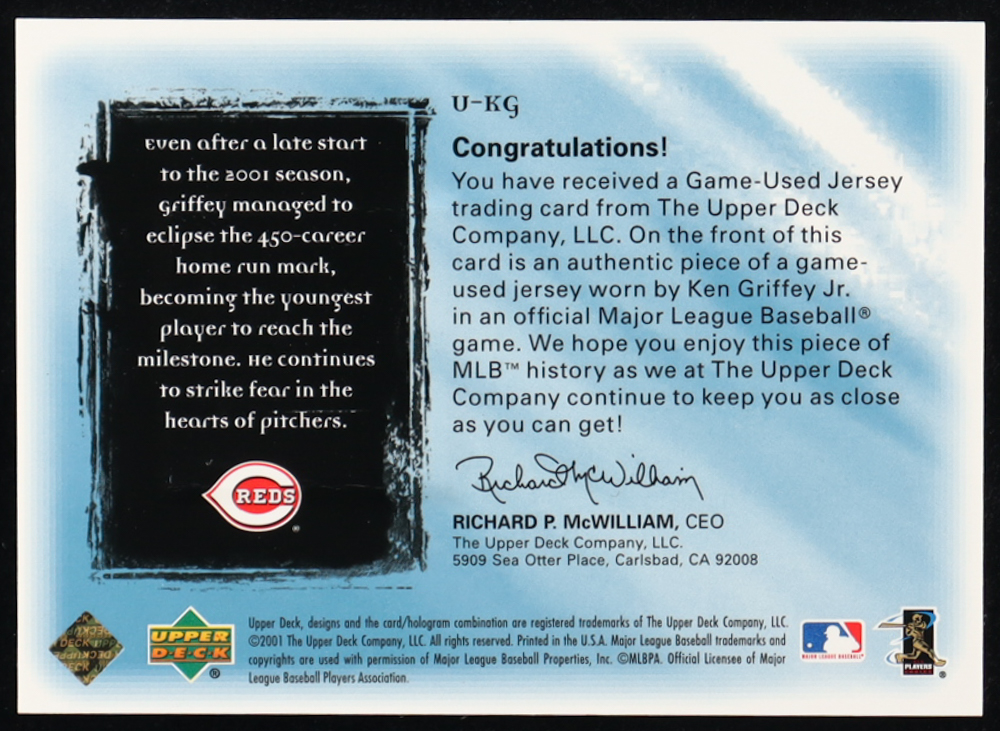 Ken Griffey Jr. 2001 Ultimate Collection Game Jersey #UKG #040/150 at PristineAuction.com Ken Griffey Jr. 2001 Ultimate Collection Game Jersey #UKG #040/150 at PristineAuction.com