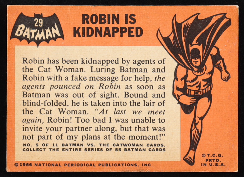 Robin is Kidnapped 1966 Topps Batman Black Bat #29 at PristineAuction.com Robin is Kidnapped 1966 Topps Batman Black Bat #29 at PristineAuction.com