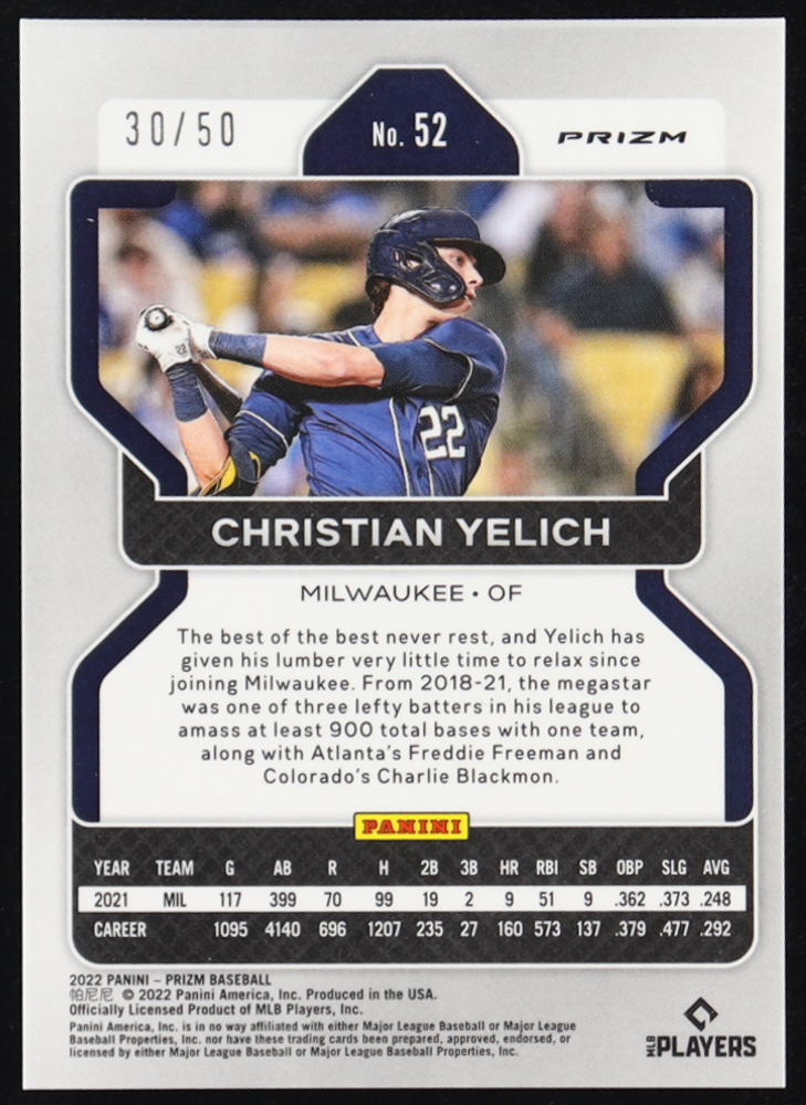 Christian Yelich 2022 Panini Prizm Prizms Snake Skin #52 #30/50 at PristineAuction.com Christian Yelich 2022 Panini Prizm Prizms Snake Skin #52 #30/50 at PristineAuction.com