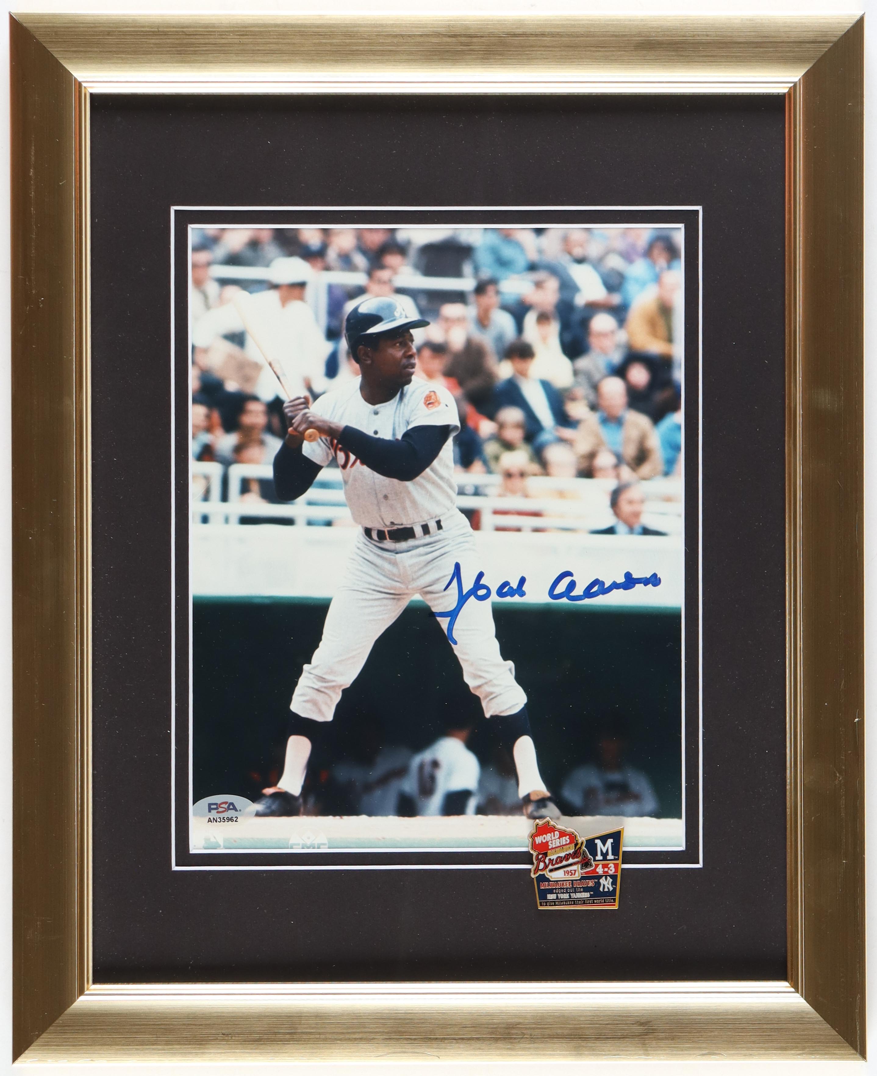 Hank Aaron Signed Braves Custom Framed Photo Display with Vintage 1957 World Series Pin (PSA) at PristineAuction.com Hank Aaron Signed Braves Custom Framed Photo Display with Vintage 1957 World Series Pin (PSA) at PristineAuction.com