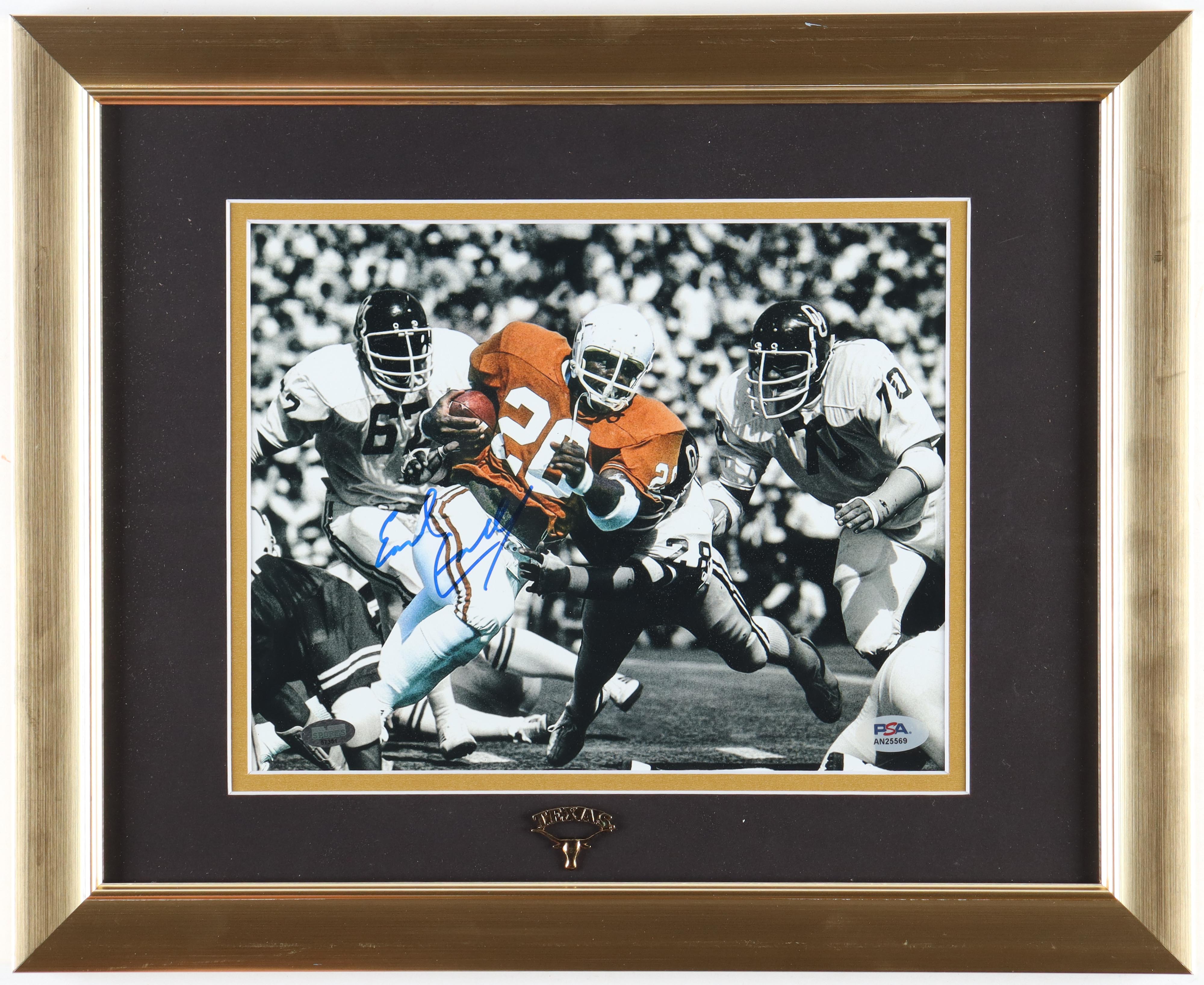 Earl Campbell Signed Custom Framed Photo Display With Gold Texas Longhorns Emblem (PSA) at PristineAuction.com Earl Campbell Signed Custom Framed Photo Display With Gold Texas Longhorns Emblem (PSA) at PristineAuction.com