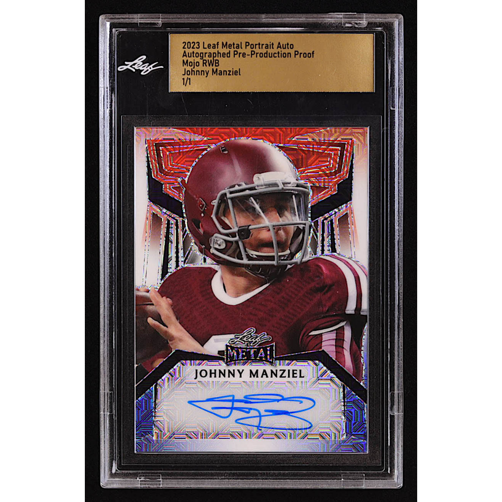 Johnny Manziel 2023 Leaf Metal Portrait Autograph Red White and Blue Mojo Pre-Production Proof # 