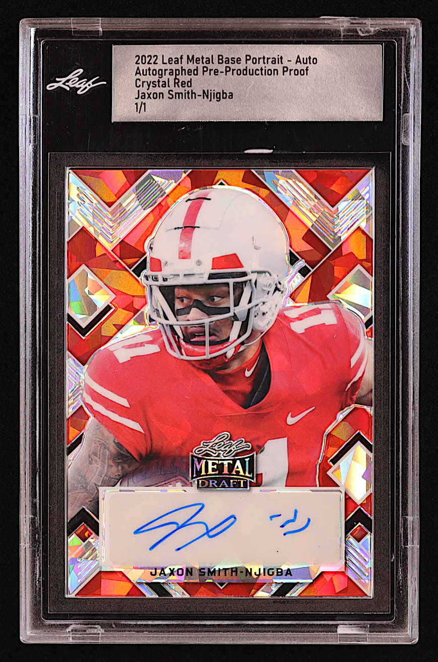 Jaxon-Smith Njigba 2022 Leaf Metal Base Portrait Autograph Crystal Red Pre-Production Proof #NNO RC #1/1 (Leaf) at PristineAuction.com Jaxon-Smith Njigba 2022 Leaf Metal Base Portrait Autograph Crystal Red Pre-Production Proof #NNO RC #1/1 (Leaf) at PristineAuction.com