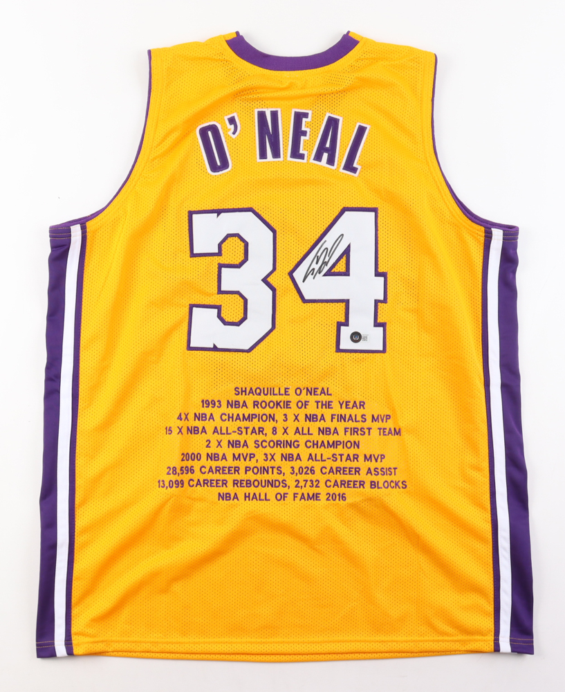 Shaquille O'Neal Signed Career Highlight Stat Jersey (Beckett) at PristineAuction.com Shaquille O'Neal Signed Career Highlight Stat Jersey (Beckett) at PristineAuction.com