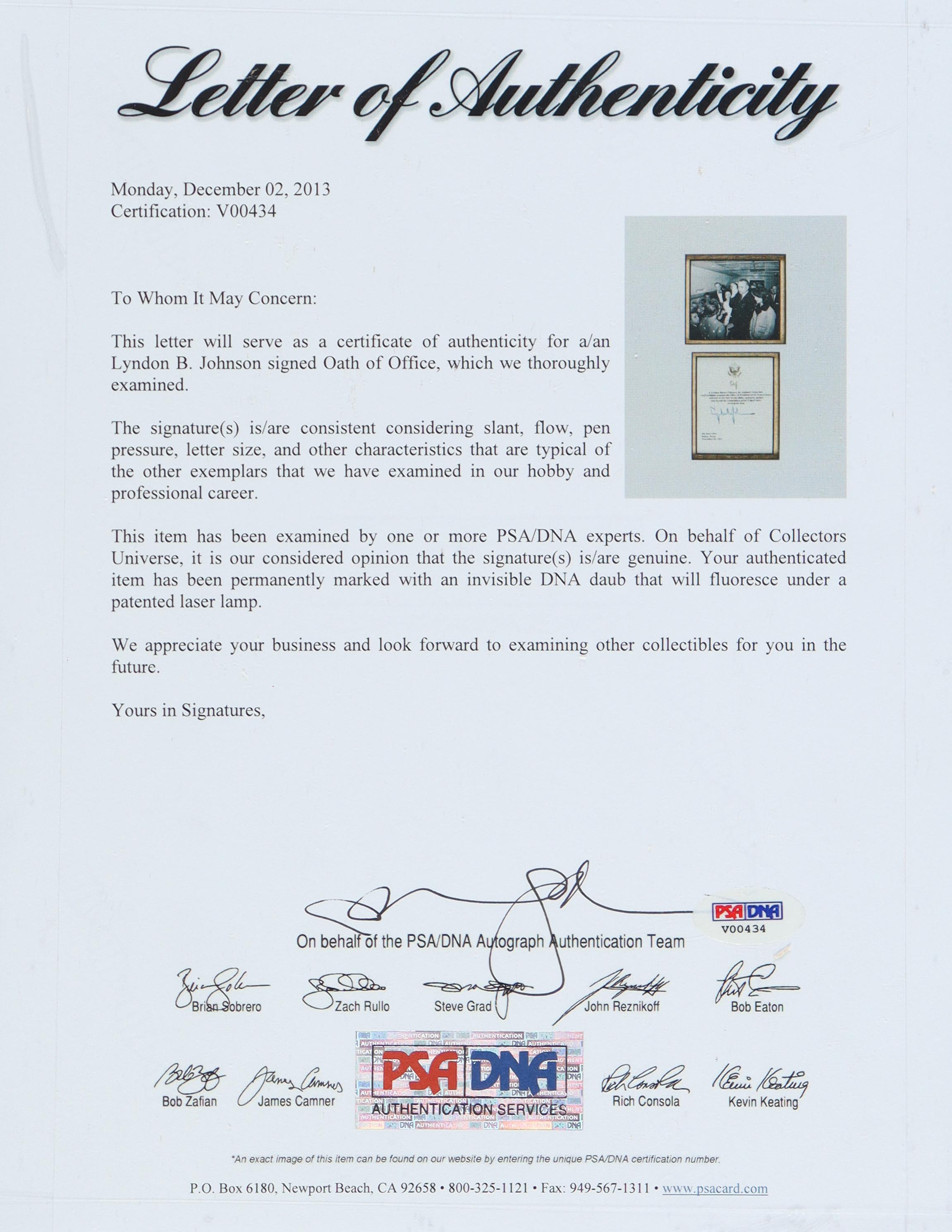 Lyndon B. Johnson Signed Oath of Office Custom Framed Cut Display (PSA) at PristineAuction.com Lyndon B. Johnson Signed Oath of Office Custom Framed Cut Display (PSA) at PristineAuction.com