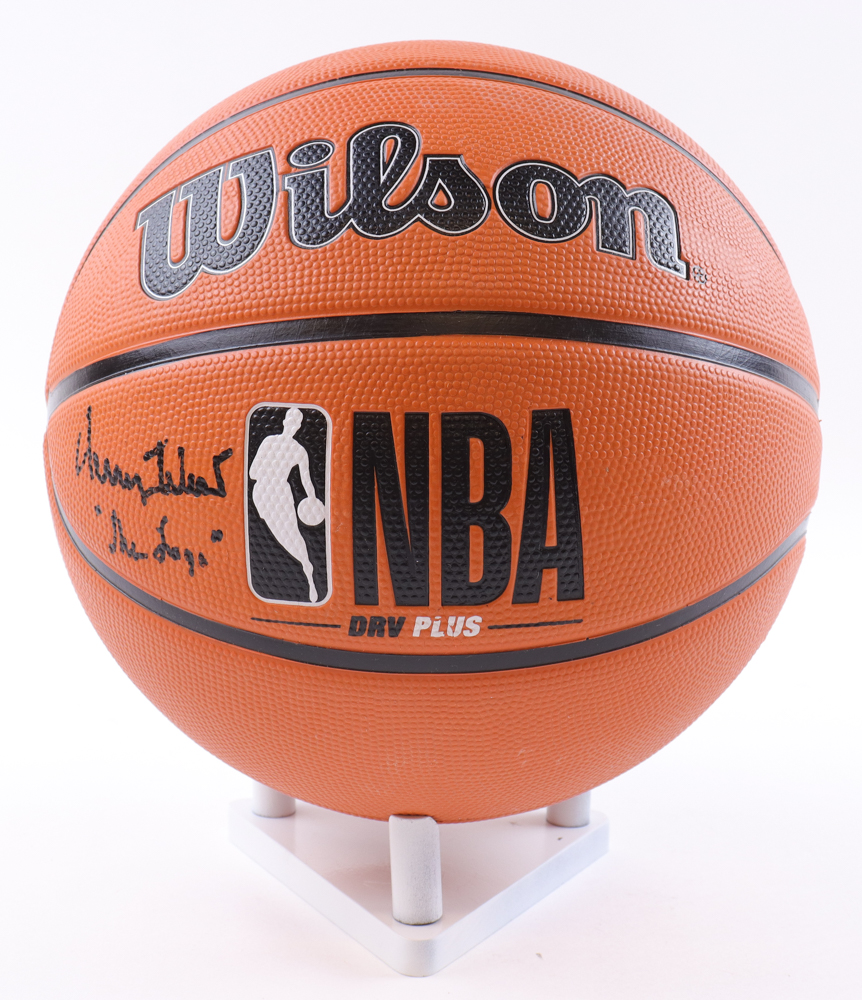 Jerry West Signed Lakers NBA Basketball Inscribed "The Logo" With Display Stand (PSA) at PristineAuction.com Jerry West Signed Lakers NBA Basketball Inscribed "The Logo" With Display Stand (PSA) at PristineAuction.com