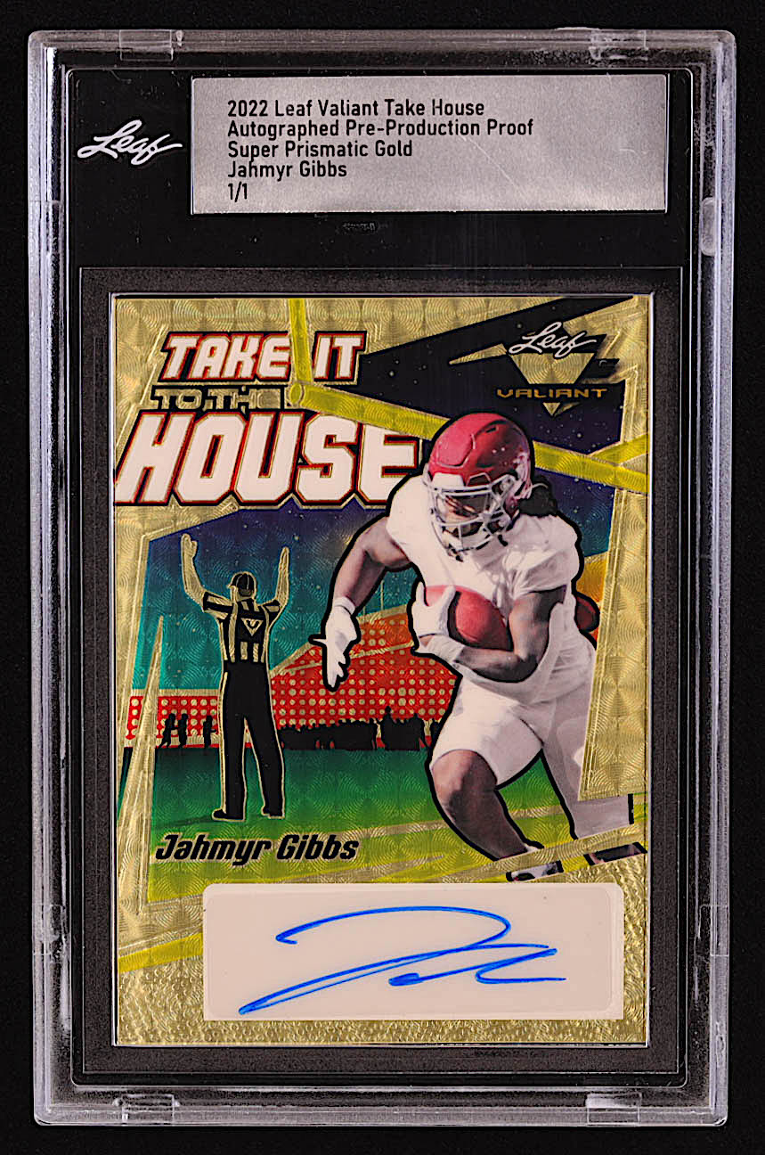Jahmyr Gibbs 2022 Leaf Valiant Take House Autograph Super Prismatic Gold Pre-Production Proof #NNO #1/1 (Leaf) at PristineAuction.com Jahmyr Gibbs 2022 Leaf Valiant Take House Autograph Super Prismatic Gold Pre-Production Proof #NNO #1/1 (Leaf) at PristineAuction.com