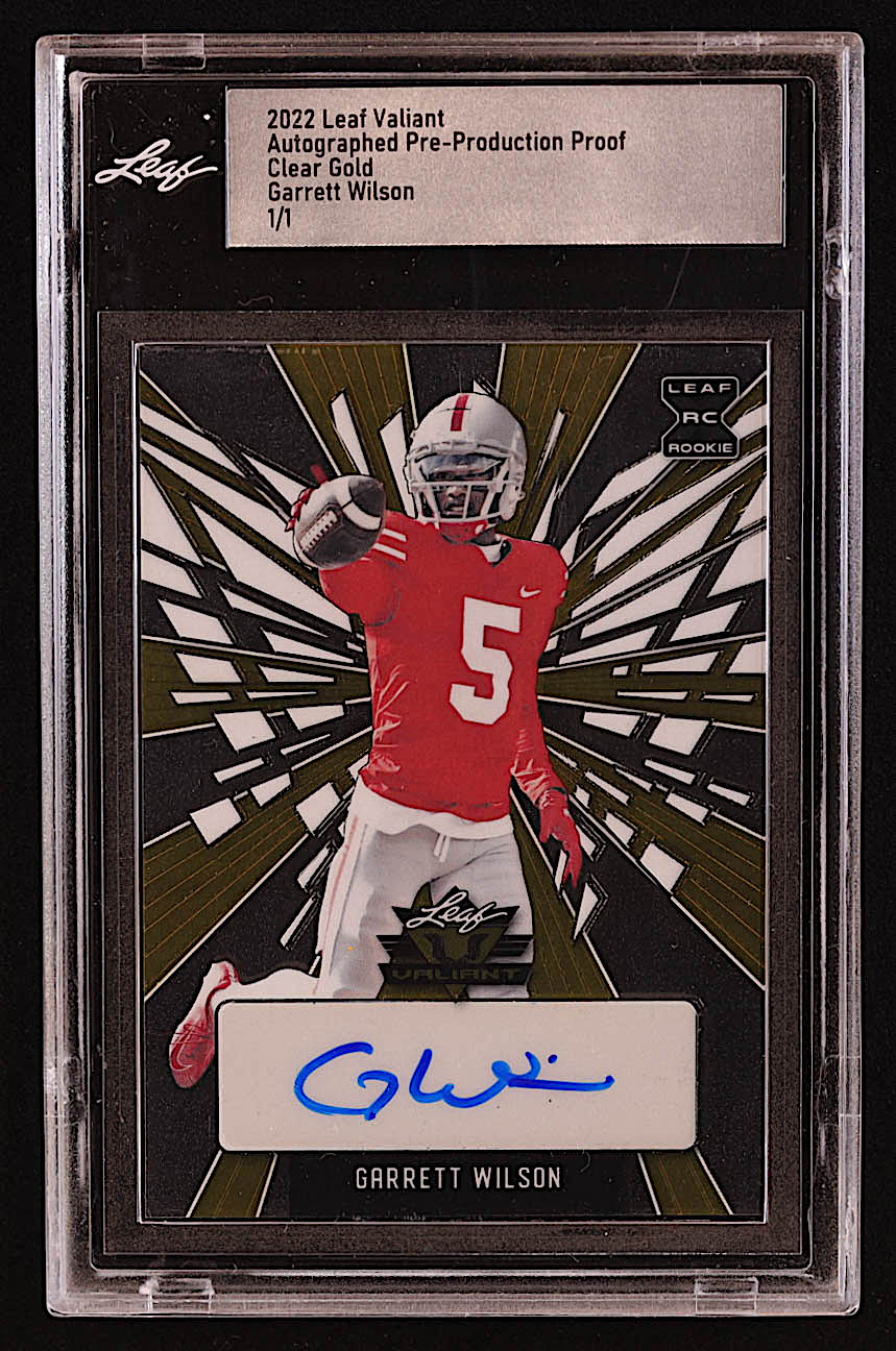 Garrett Wilson 2022 Leaf Valiant Autograph Clear Gold Pre-Production Proof #NNO #1/1 (Leaf) at PristineAuction.com Garrett Wilson 2022 Leaf Valiant Autograph Clear Gold Pre-Production Proof #NNO #1/1 (Leaf) at PristineAuction.com