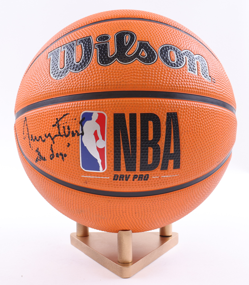 Jerry West Signed Lakers NBA Basketball Inscribed "The Logo" With Display Stand (PSA) at PristineAuction.com Jerry West Signed Lakers NBA Basketball Inscribed "The Logo" With Display Stand (PSA) at PristineAuction.com