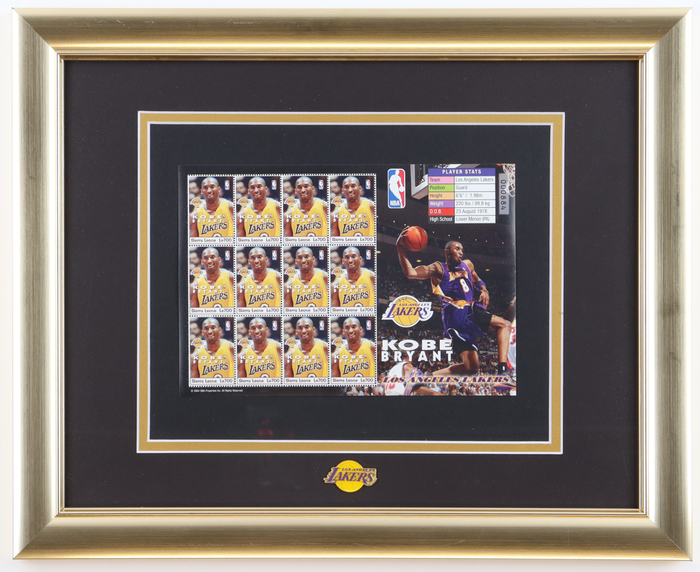 Kobe Bryant Custom Framed Uncut Postage Stamp Sheet Display With (12) Stamps & Team Logo Pin at PristineAuction.com Kobe Bryant Custom Framed Uncut Postage Stamp Sheet Display With (12) Stamps & Team Logo Pin at PristineAuction.com