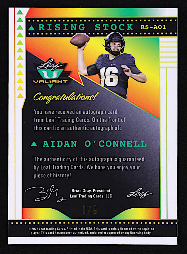 Aidan O'Connell 2022 Leaf Valiant Rising Stock Red #RSAO1 RC #1/6 at PristineAuction.com Aidan O'Connell 2022 Leaf Valiant Rising Stock Red #RSAO1 RC #1/6 at PristineAuction.com