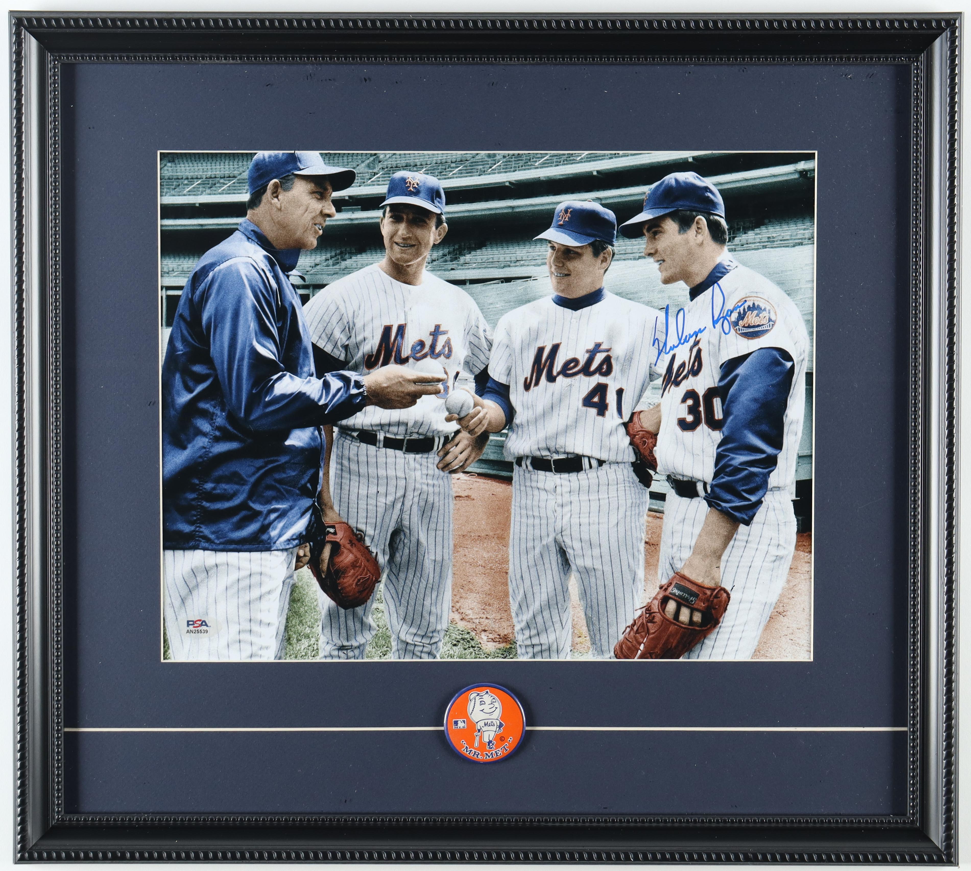 Nolan Ryan Signed "Mets Pitching Staff with Tom Seaver" Custom Framed Colorized Photo Display with Mr. Met Lapel Pin (PSA) at PristineAuction.com Nolan Ryan Signed "Mets Pitching Staff with Tom Seaver" Custom Framed Colorized Photo Display with Mr. Met Lapel Pin (PSA) at PristineAuction.com