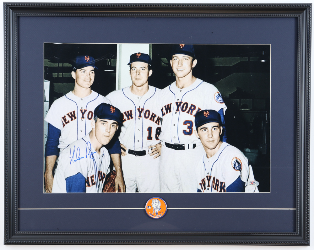 Nolan Ryan Signed 1969 Mets Custom Framed Colorized Photo Display With Official 1969 "Mr. Met" Metal Pin (PSA) at PristineAuction.com Nolan Ryan Signed 1969 Mets Custom Framed Colorized Photo Display With Official 1969 "Mr. Met" Metal Pin (PSA) at PristineAuction.com