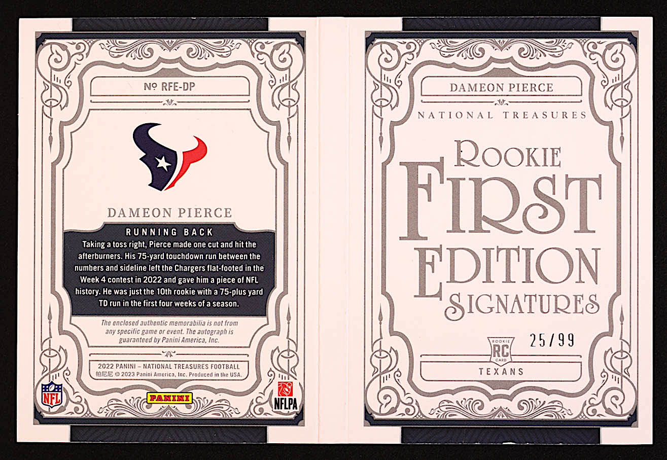 Dameon Pierce 2022 Panini National Treasures Rookie First Edition Signatures Booklet #10 RC #25/99 at PristineAuction.com Dameon Pierce 2022 Panini National Treasures Rookie First Edition Signatures Booklet #10 RC #25/99 at PristineAuction.com