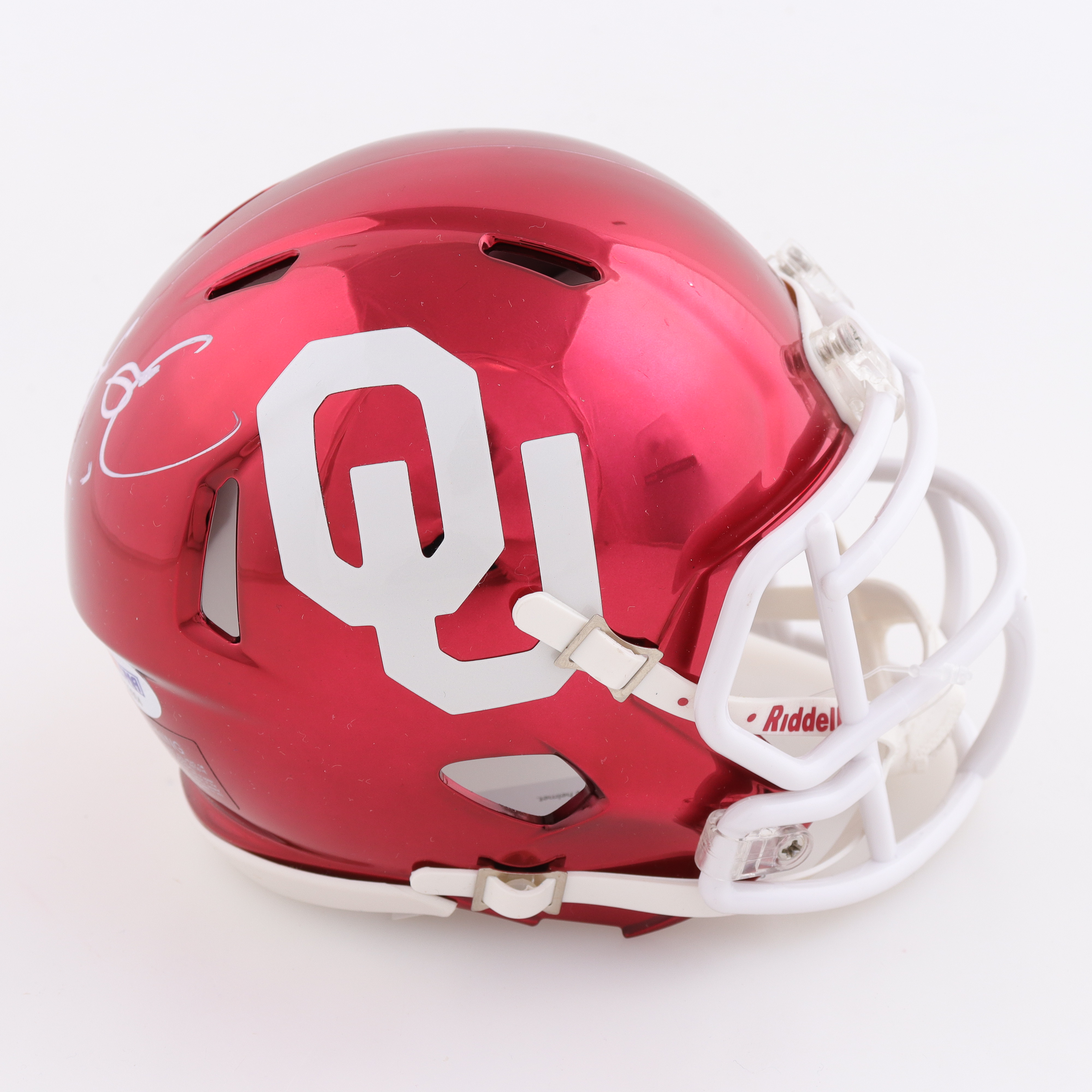 Jalen Hurts Signed Oklahoma Sooners Chrome Alternate Speed Mini Helmet Inscribed "Boomer" (PSA) at PristineAuction.com Jalen Hurts Signed Oklahoma Sooners Chrome Alternate Speed Mini Helmet Inscribed "Boomer" (PSA) at PristineAuction.com