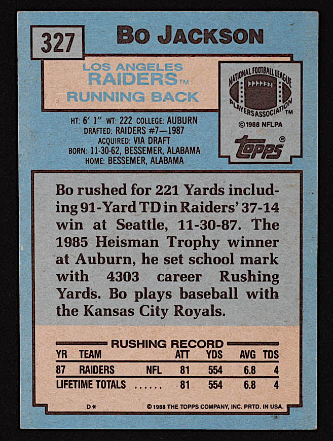 Bo Jackson 1988 Topps #327 SR RC at PristineAuction.com Bo Jackson 1988 Topps #327 SR RC at PristineAuction.com