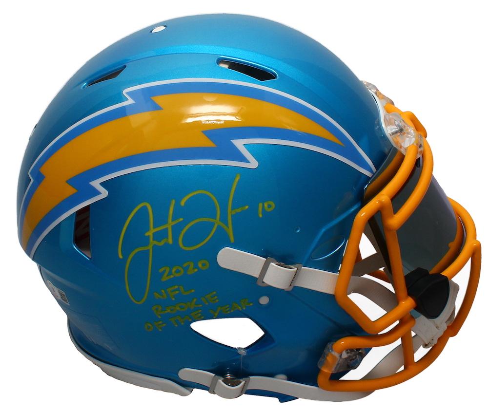 Justin Herbert Signed Chargers Full-Size Authentic On-Field Flash Alternate Speed Helmet Inscribed "2020 NFL Rookie of the Year" with Visor (Beckett) at PristineAuction.com Justin Herbert Signed Chargers Full-Size Authentic On-Field Flash Alternate Speed Helmet Inscribed "2020 NFL Rookie of the Year" with Visor (Beckett) at PristineAuction.com