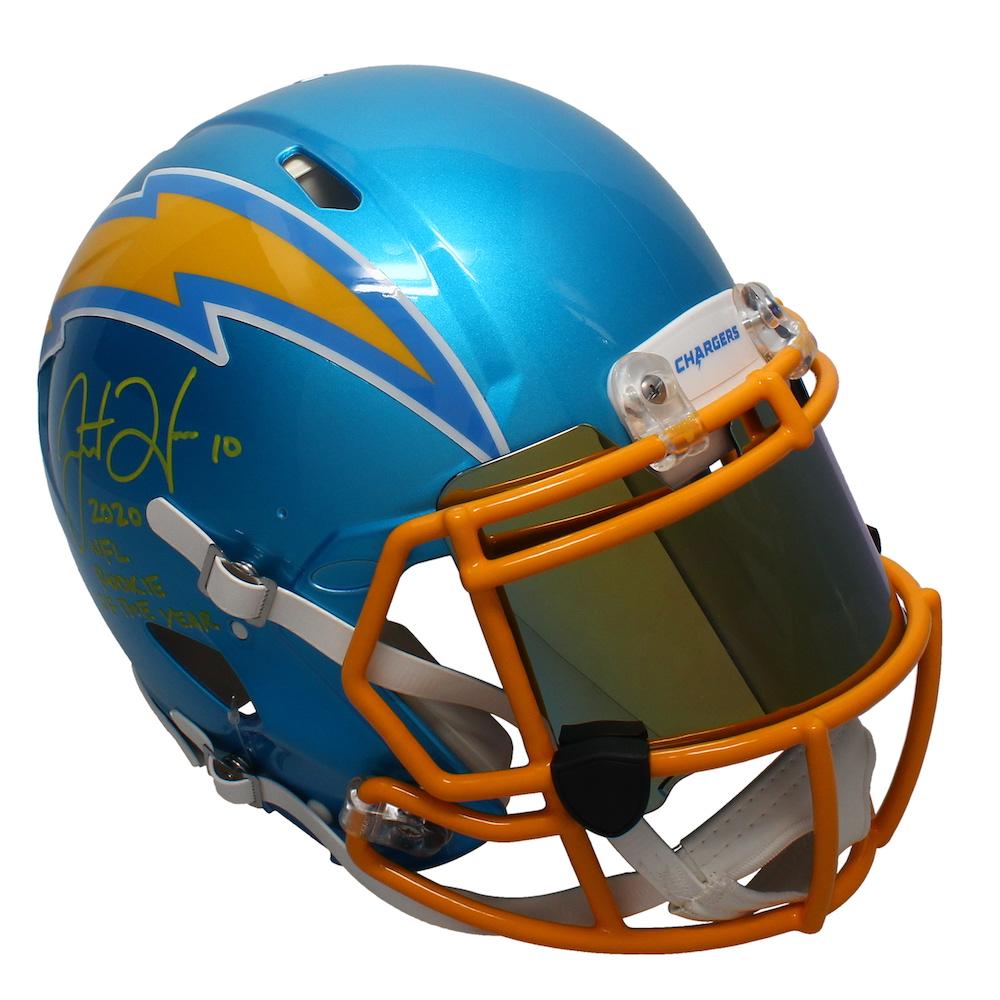 Justin Herbert Signed Chargers Full-Size Authentic On-Field Flash Alternate Speed Helmet Inscribed "2020 NFL Rookie of the Year" with Visor (Beckett) at PristineAuction.com Justin Herbert Signed Chargers Full-Size Authentic On-Field Flash Alternate Speed Helmet Inscribed "2020 NFL Rookie of the Year" with Visor (Beckett) at PristineAuction.com