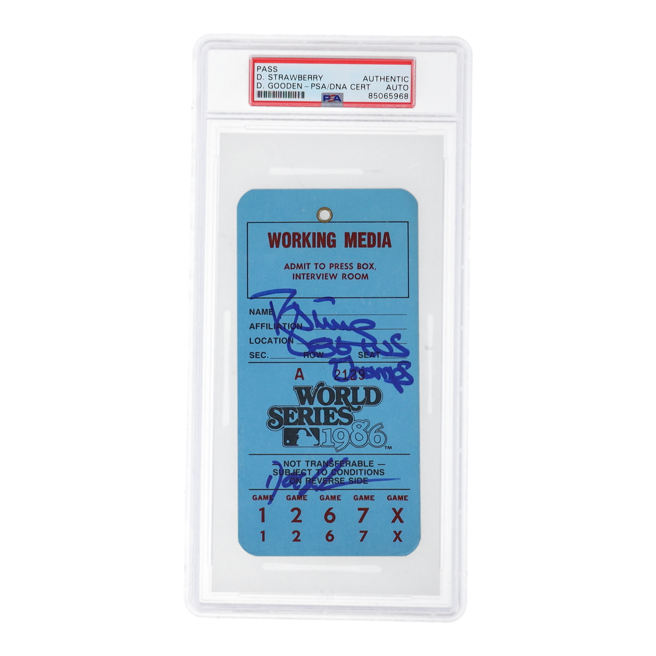 Darryl Strawberry & Dwight Gooden Signed 1986 World Series Media Ticket Inscribed "86 WS Champs" (PSA) at PristineAuction.com Darryl Strawberry & Dwight Gooden Signed 1986 World Series Media Ticket Inscribed "86 WS Champs" (PSA) at PristineAuction.com