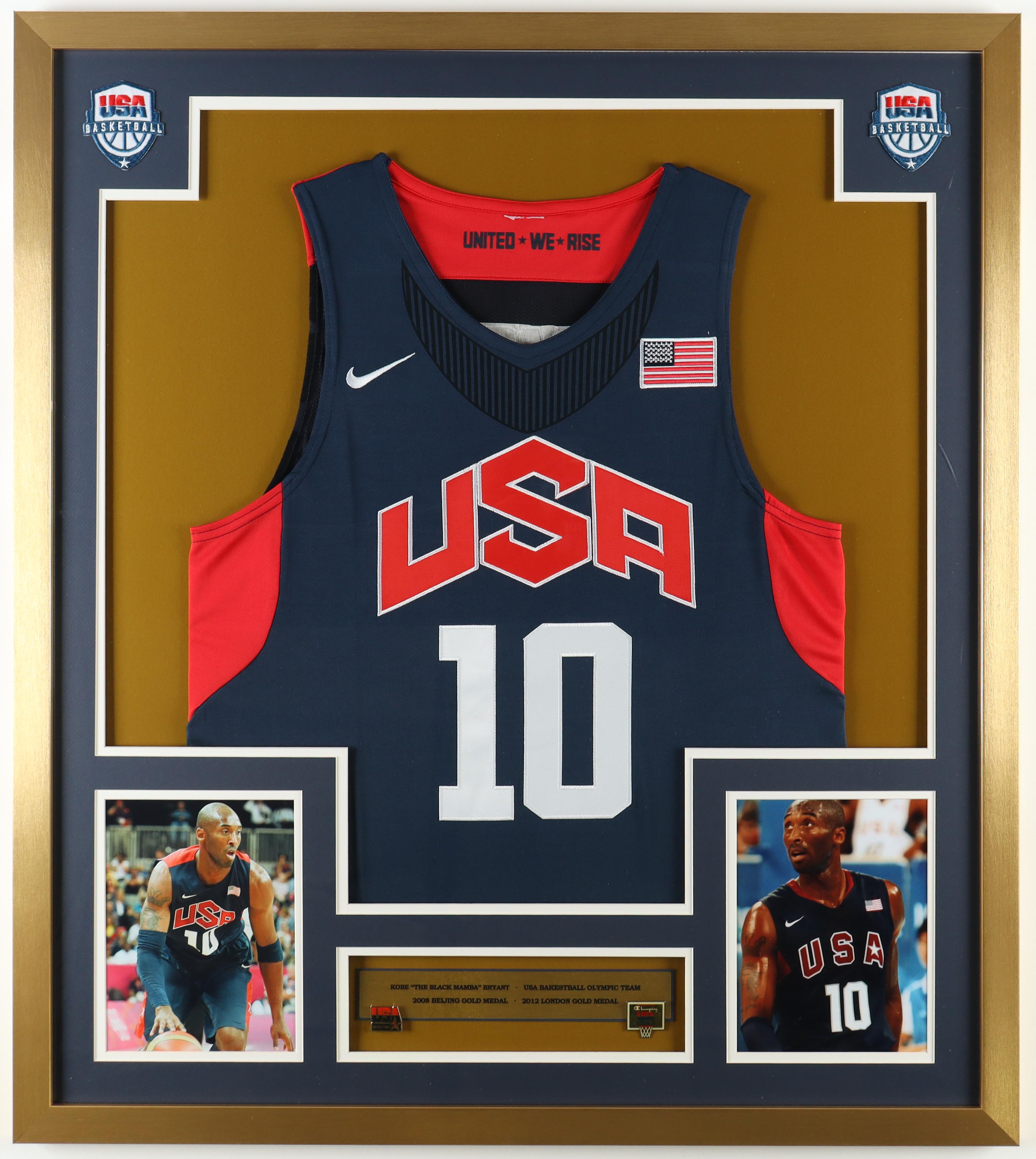 Kobe Bryant Team USA Custom Framed Nike Jersey Display with (2) Vintage USA Basketball Pins & (2) Cloth Patches at PristineAuction.com Kobe Bryant Team USA Custom Framed Nike Jersey Display with (2) Vintage USA Basketball Pins & (2) Cloth Patches at PristineAuction.com